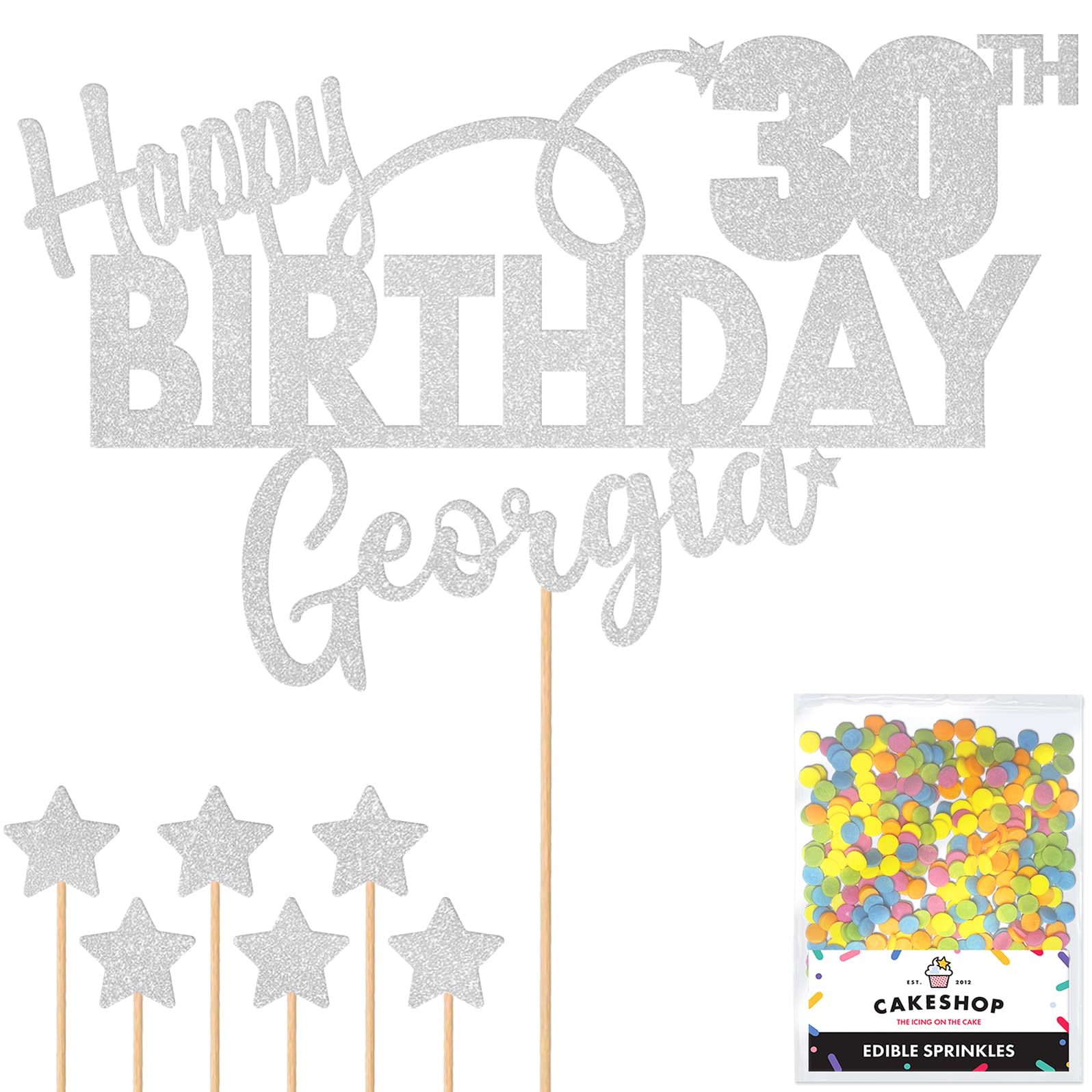 Personalised Happy Birthday Glitter Cake Topper - Light Silver Any Name & Any Age Glitter Cake Decoration and Sprinkles - Happy Birthday Decorations - Personalised Toppers for Cakes by Cakeshop โ image 1