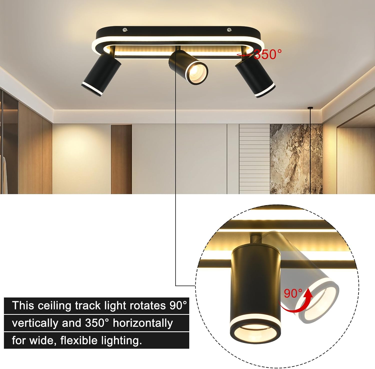 LED 3 Light Track Lighting Spotlight Kit, Black Ceiling Spotlights, Modern Track Light Fixture with Flexibly Rotatable Light Heads, 35W+15W Dual Lighting for Kitchen Living Room,Includes 3 x GU10 Bulb