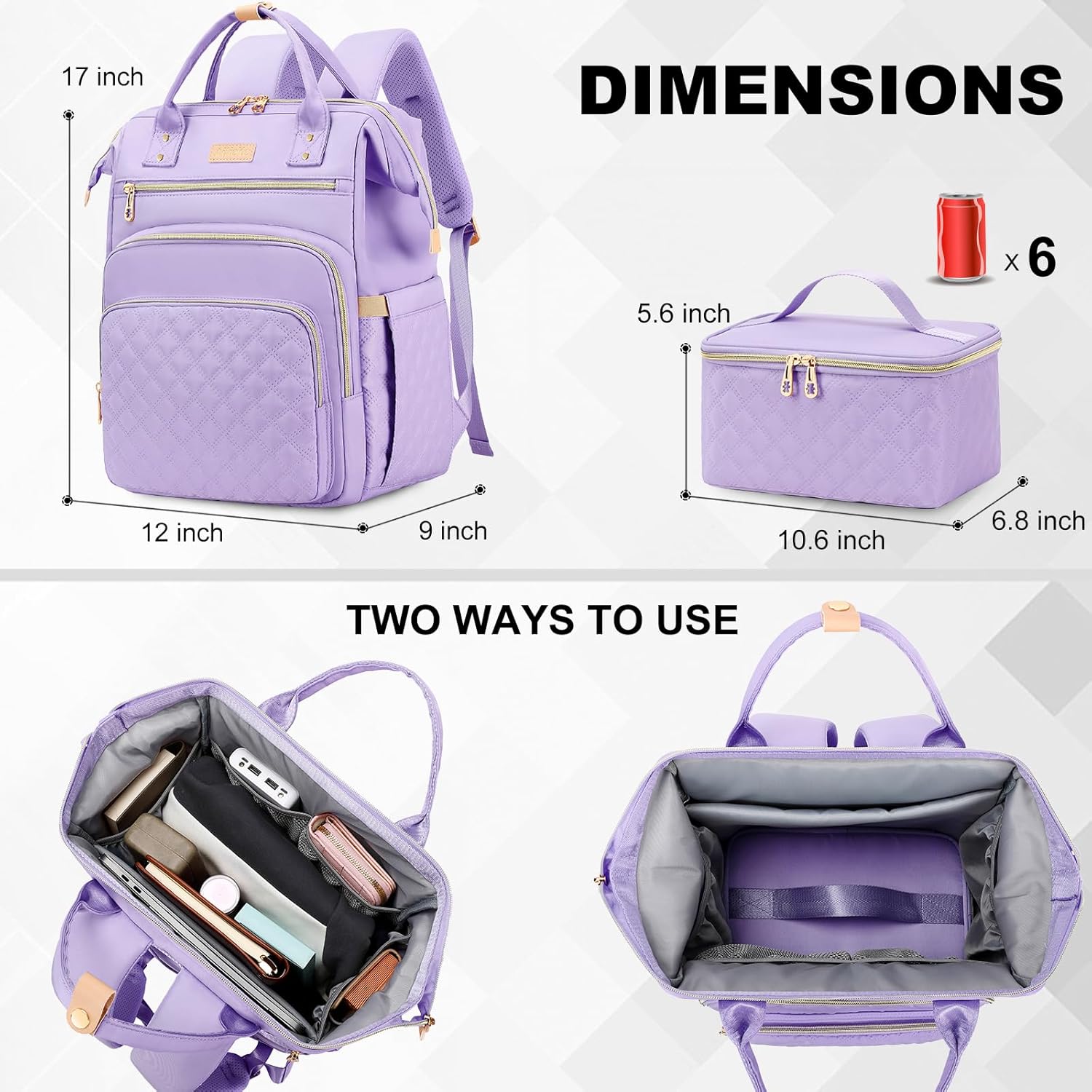 Lunch Backpack, 15.6 inch Laptop Backpack with Insulated Lunch Bag, Backpack Cooler for Women, Large Travel Backpack Lunch Box Compartment, Work Computer Backpack, Teacher College Book Bag, Purple - Image 6