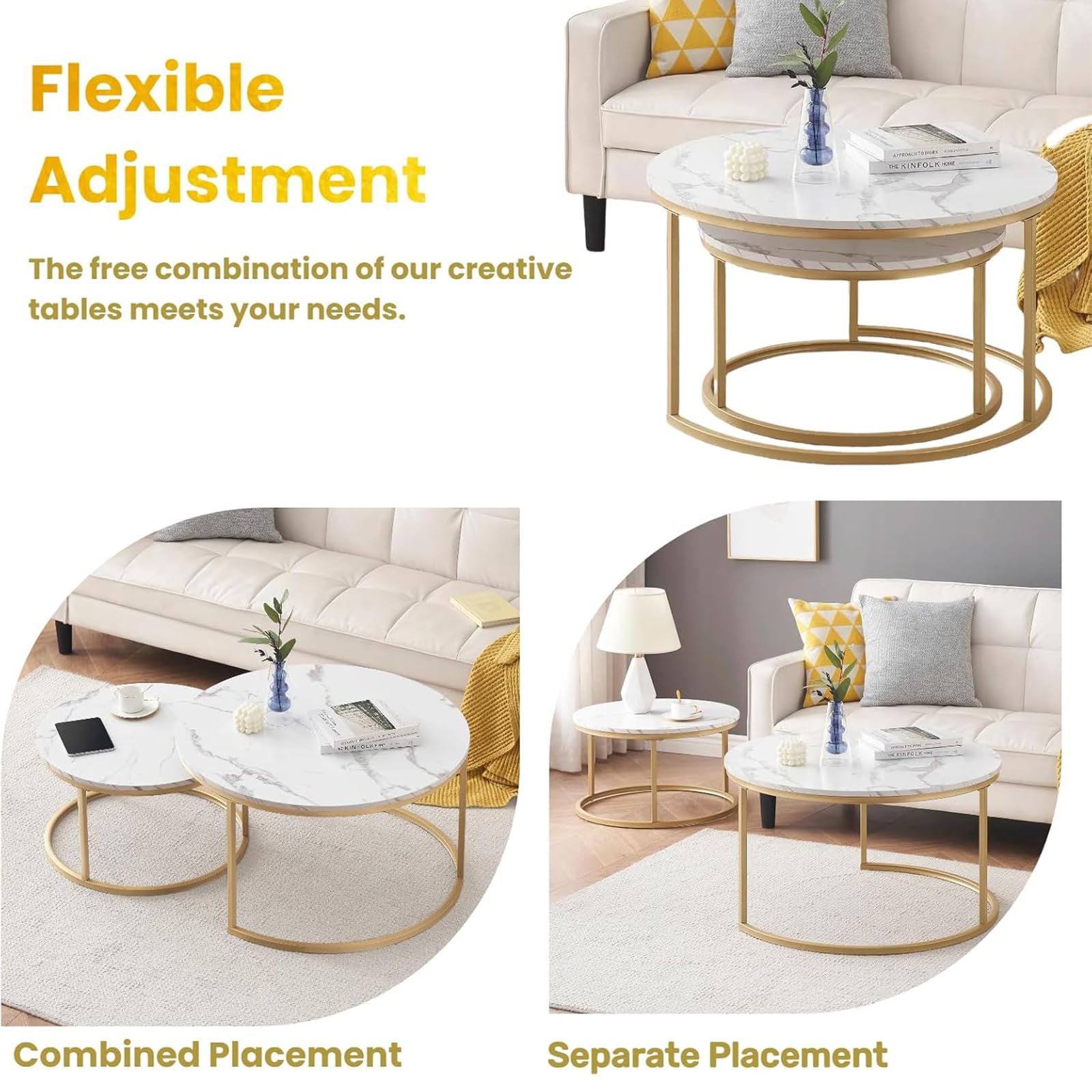 Tavolino rotondo effetto marmo, set da 2 tavolini da salotto e tavolino per soggiorno, Ø 80 x 45 H cm e Ø 60 x 35 H cm (bianco e oro)