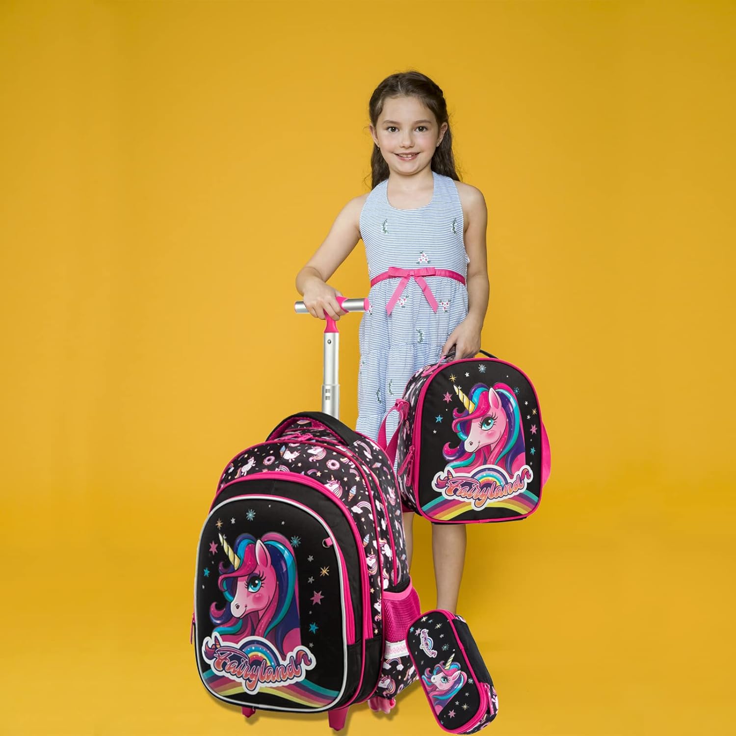 Egchescebo 3-in-1 Girls Rolling Backpack with Wheels, Modern Pink, 17' x 12' x 8', 25L, Waterproof, Graphic Animal Theme, 7 Pockets, 3 Compartments, For Girls Aged 6-18, School, Travel