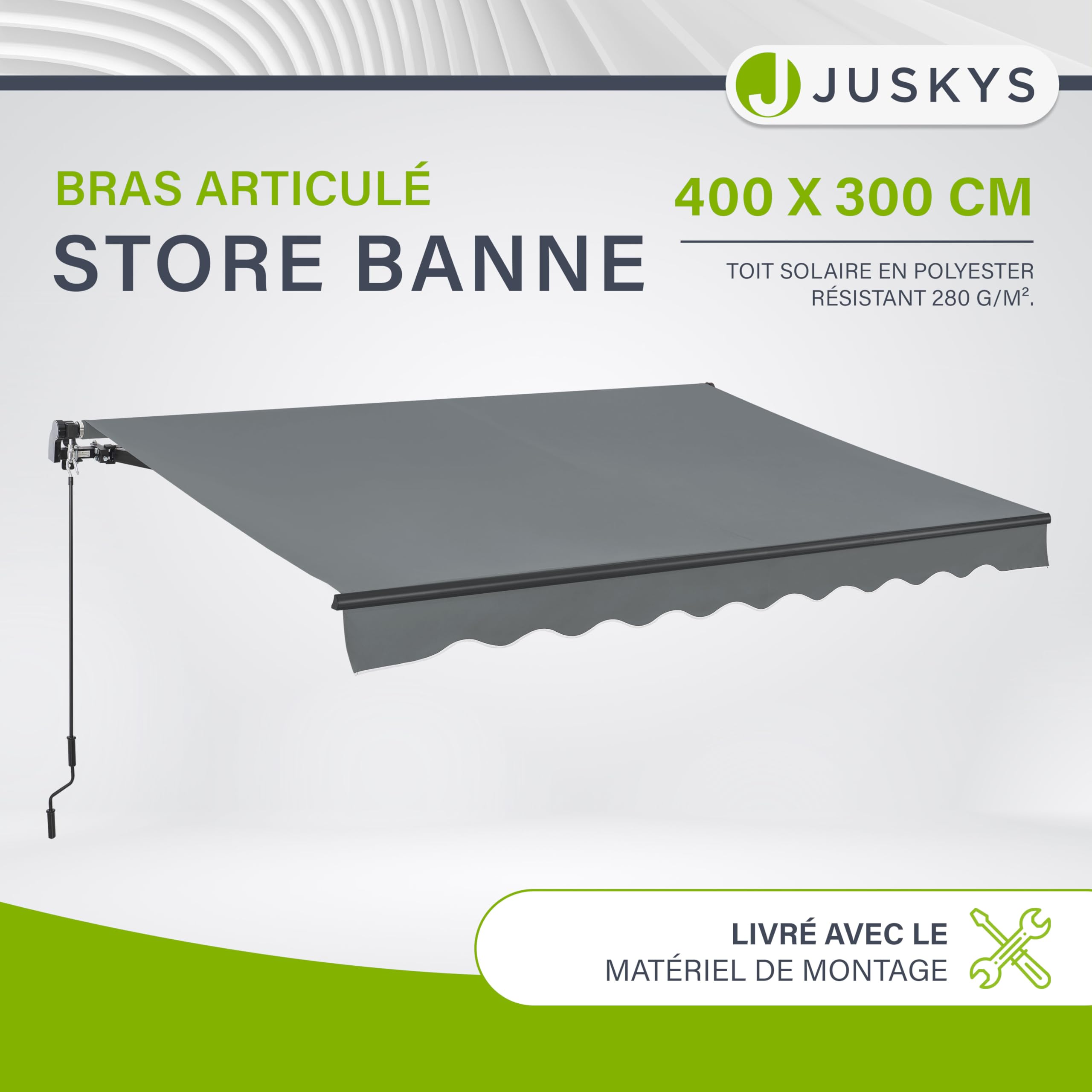Juskys Store Banne à Bras Articulés 400x300 cm, UV40+, Déperlant, avec Manivelle, Longueur & Inclinaison Réglables, Terrasse, Balcon - Gris