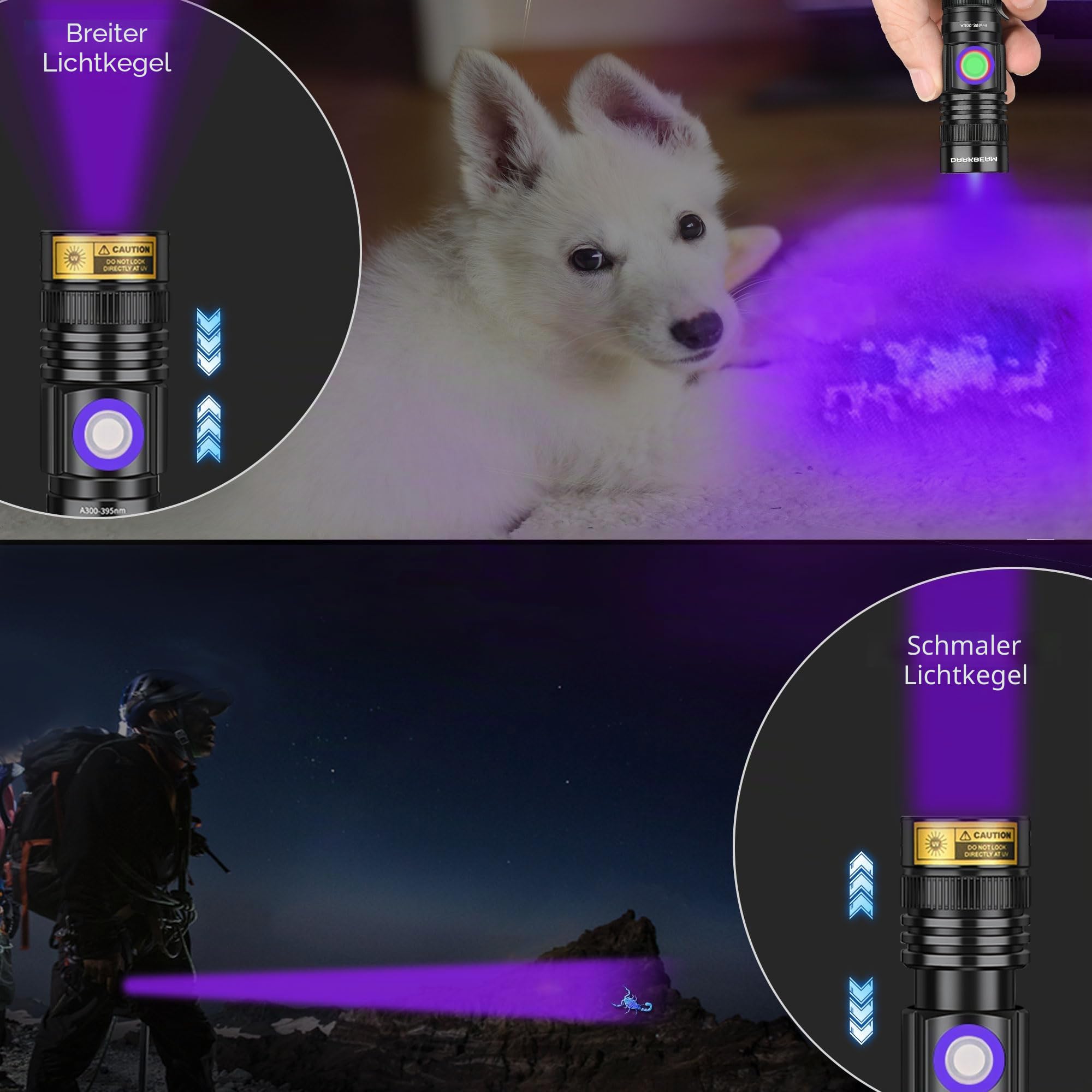 DARKBEAM UV Schwarzlicht Taschenlampe 395nm - Ladekabel USB Woods Lampe Mini Ultraviolett Licht LED Schwarzlichtlampe - Aushärtung von Harz, Detektor für Haustier/Katze/Hund Urin,Flecken,Skorpione