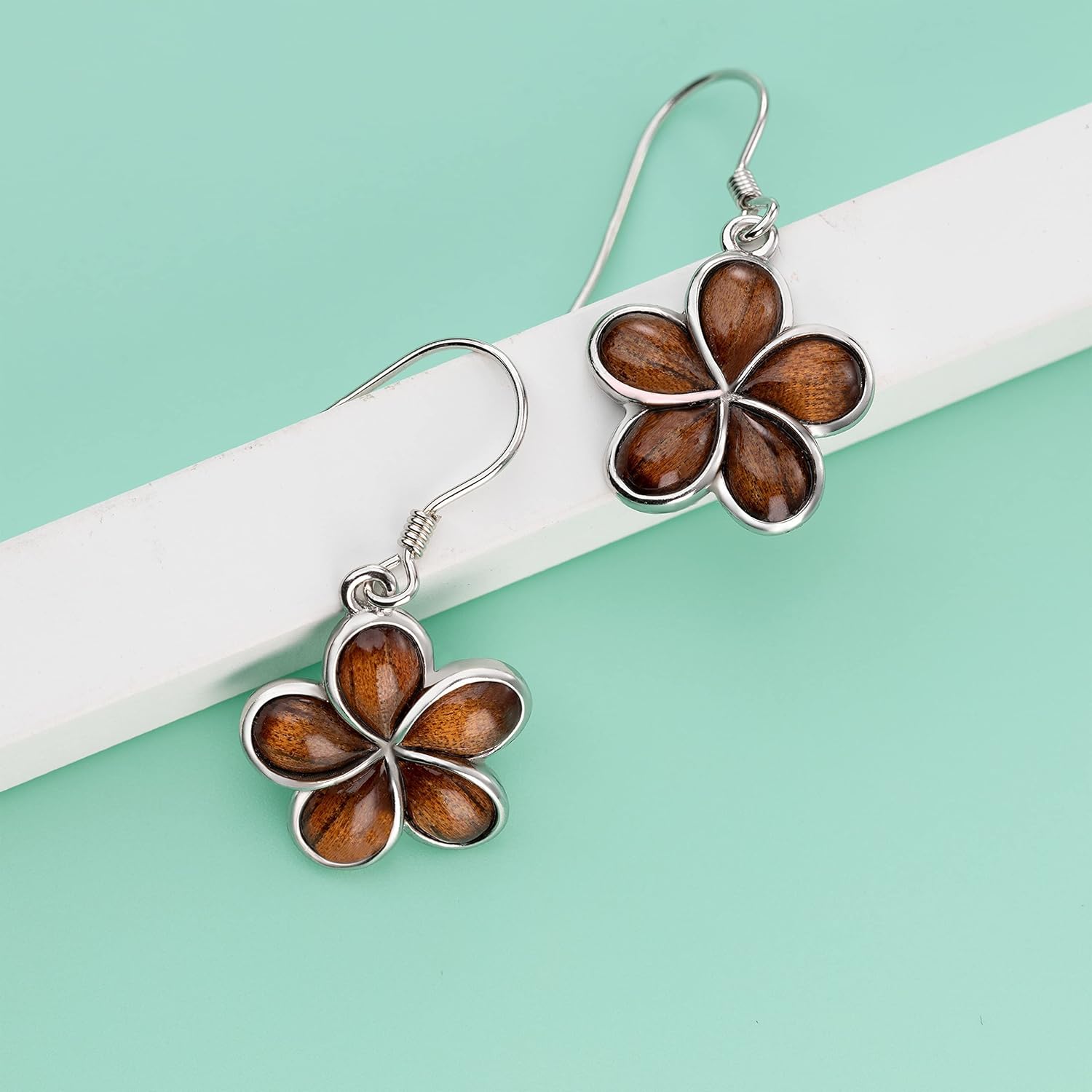 925 Sterling Silver Koa Wood Hawaiian Plumeria Dangle Hook Earrings, Nickle Free Hypoallergenic for Sensitive Skin, Rhodium Finished, Gift Box Included - Image 2