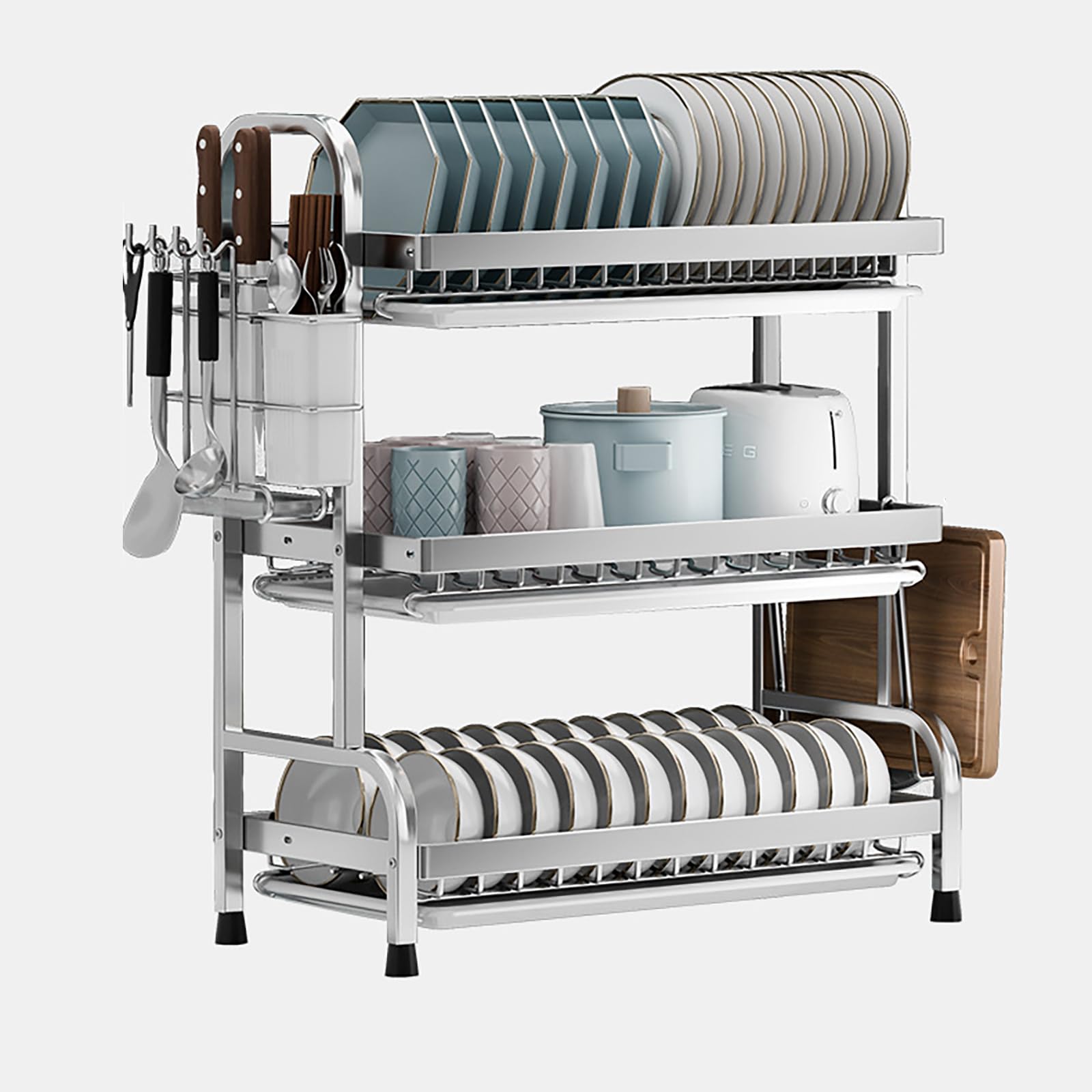 NBMfdSRY plate rack, Removable Draining Tray Space-Saving Kitchen Large Capacity 3-Tier Plate Drying Rack 53cm/20.87in