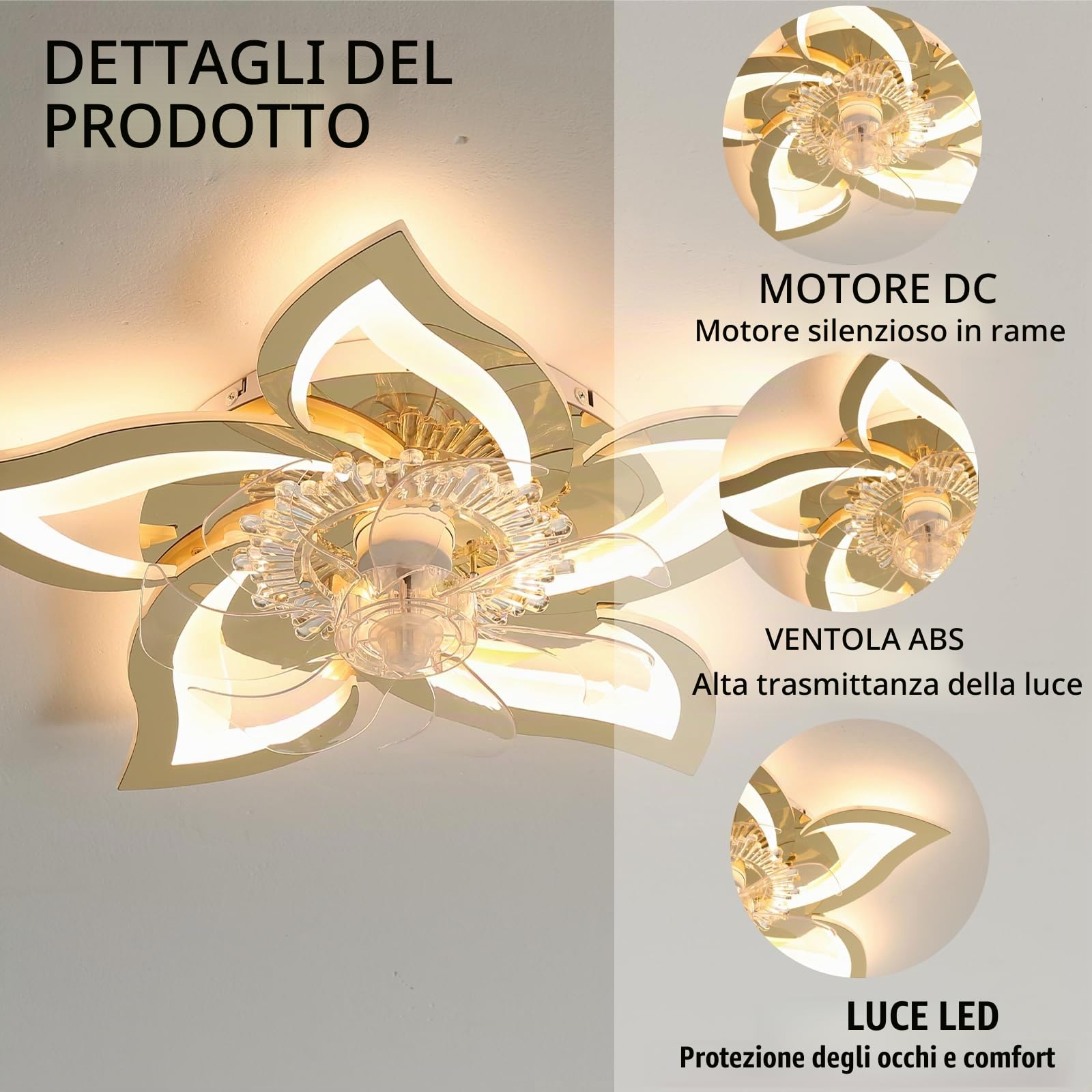 Ventilatore Da Soffitto Con Luce E Telecomando, Silenzioso Lampadario Con Ventilatore Da Soffitto Dimmerabile A 6 Velocità Reversibile Lampadario Ventilatore Per Cucina, Soggiorno-Gold