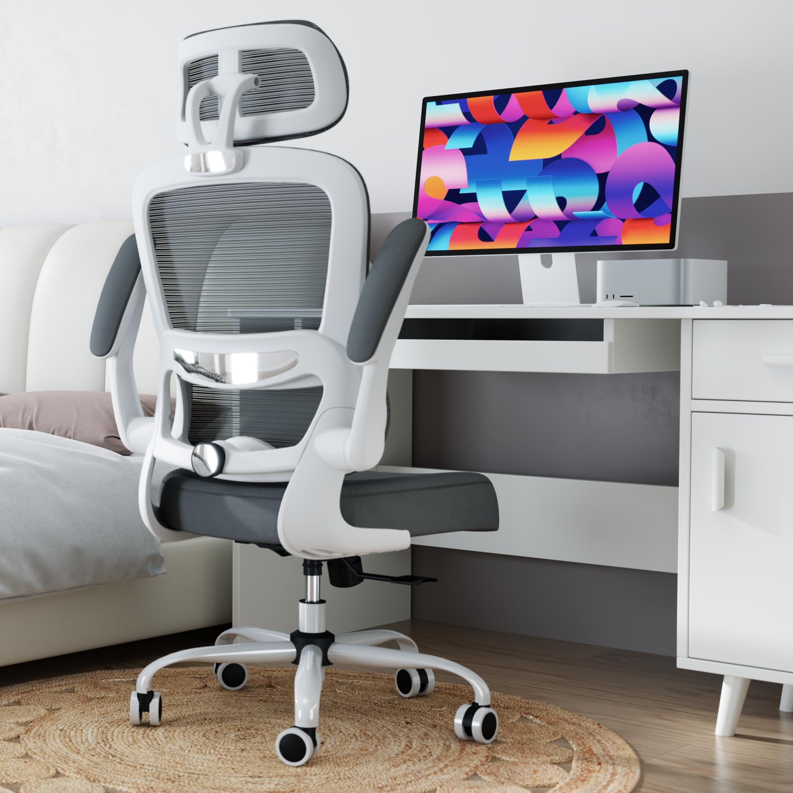 TRALT Silla de oficina de escritorio, de malla, con ruedas, ergonómica, altura regulable, giratoria, color gris