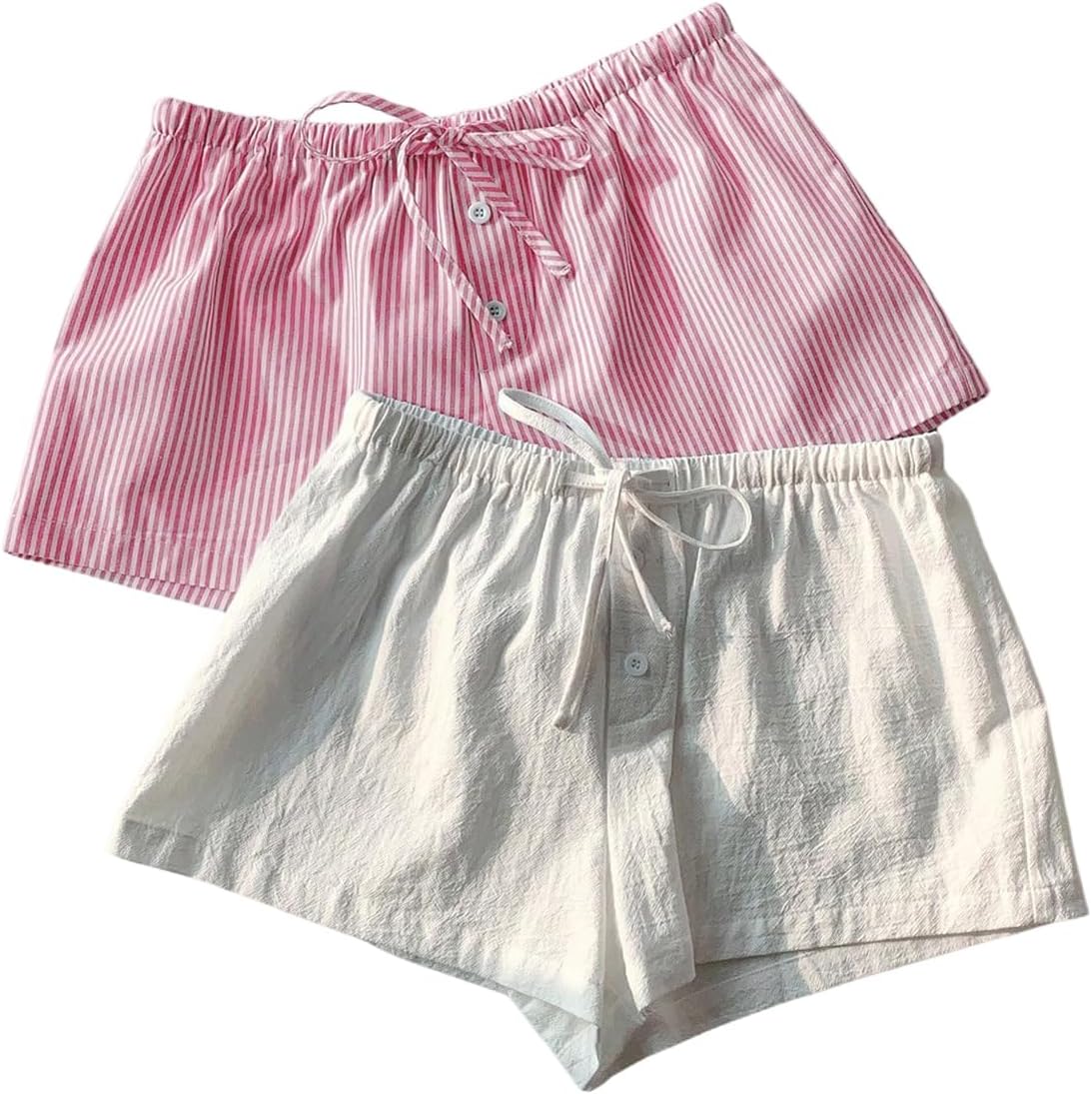 RoseSeek Women's 2 Packs Striped Linen Mini Shorts Drawstring Waist Button Front Lounge Shorts