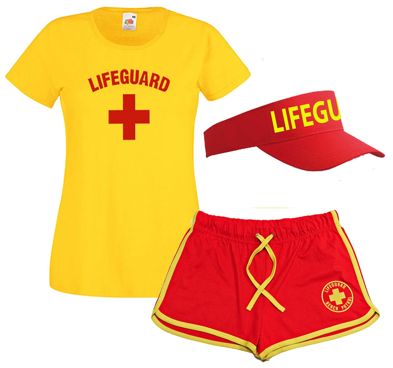 Lifeguardgear Women's Yellow/Red Lifeguard T-Shirt Shorts Sun Visor 3 Piece Set (Small)