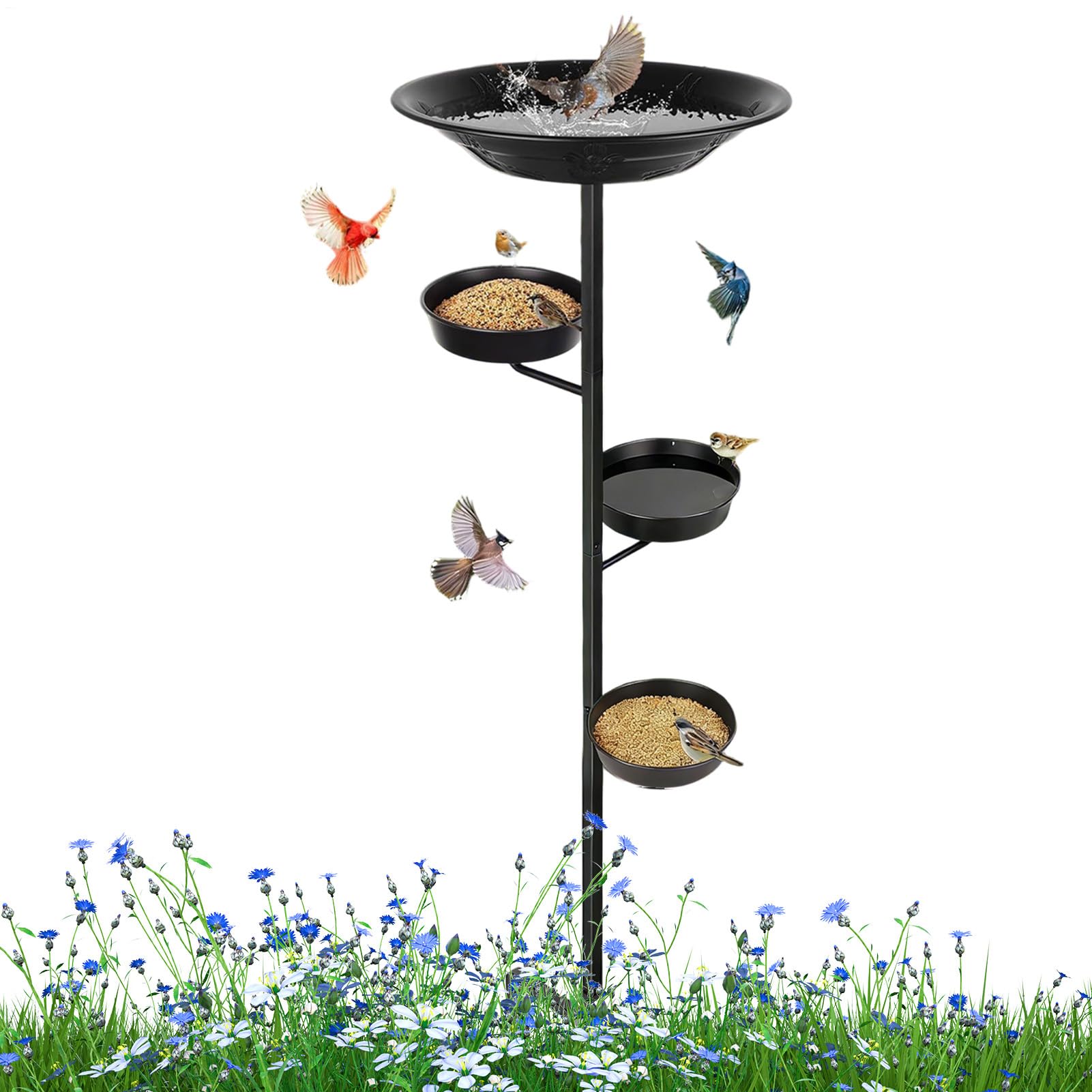 Pila o Baño para Pájaros de Metal con Estacas, Múltiples Niveles, Elegante | y Bebedero para Aves Silvestres de Exterior para Jardín, Patio, Terraza y