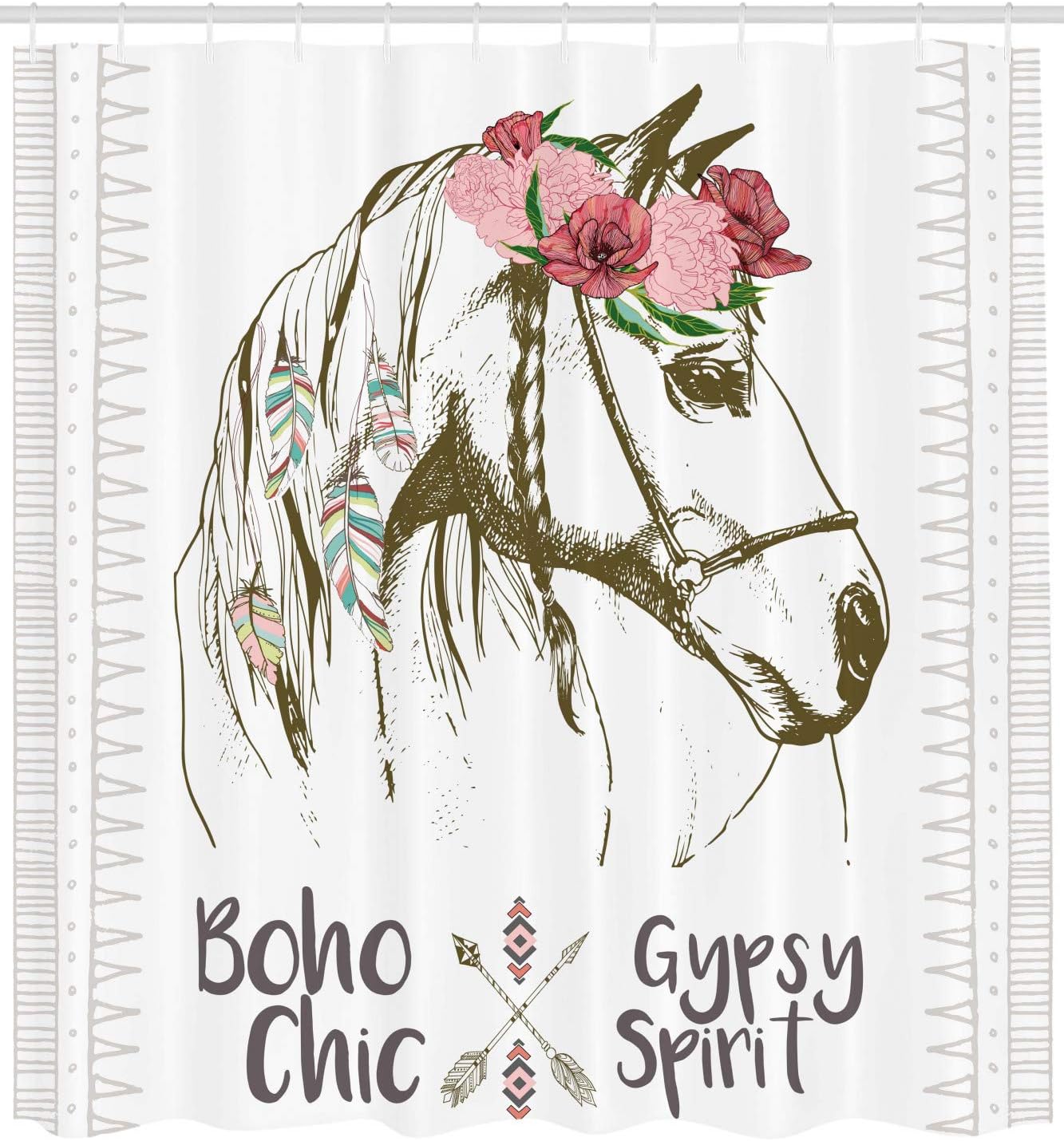 Ambesonne Animal Shower Curtain, Boho Horse Head Sketch with Flowers Colorful Feathers Gypsy Spirit, Cloth Fabric Bathroom Decor Set with Hooks, 69" W x 84" L, Green Pink