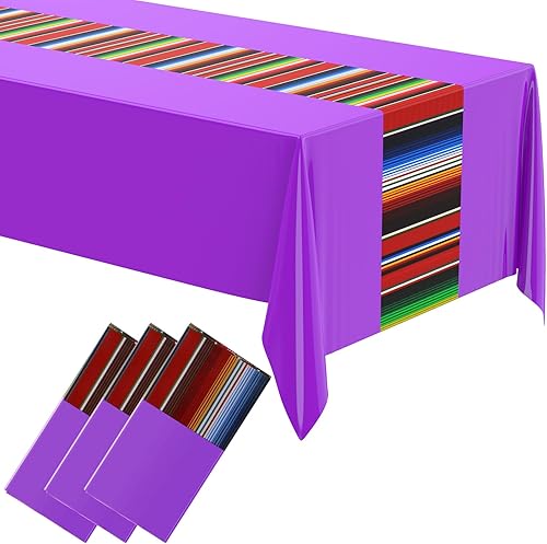 Miniatura 11 de Oudain Mantel de plástico para fiesta, 3 piezas, 108 x 54 pulgadas, desechables, impermeables, mexicanos, a rayas, para noche de tacos, festivales,