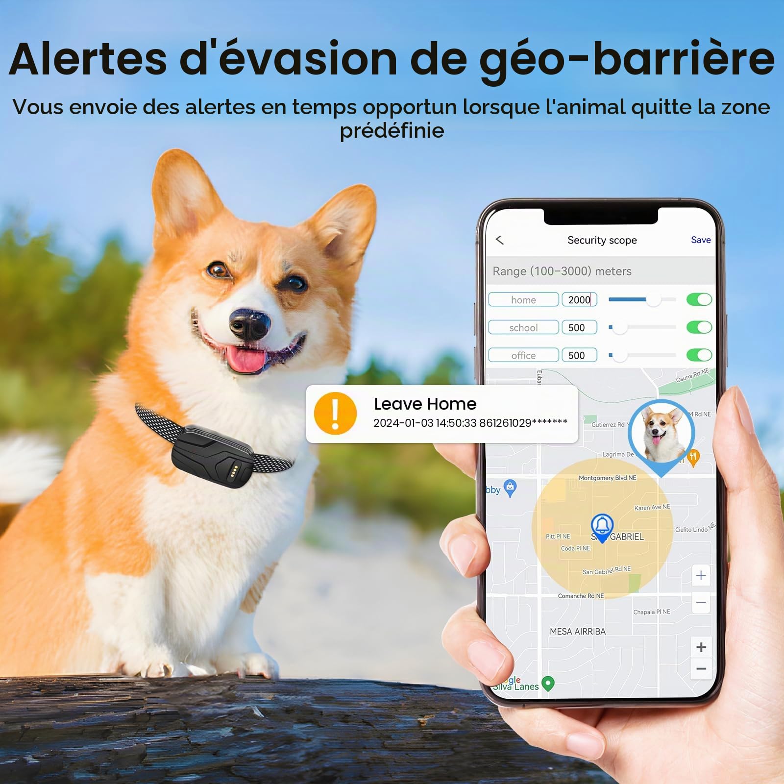 Collier GPS pour Chiens, Dog Tracker, GPS+WiFi+LBS Localisation Globale en Direct, Plusieurs Alertes Intelligentes, Lecture de Trace Historique, Surveillance de l'activité, rappel vocal à dist