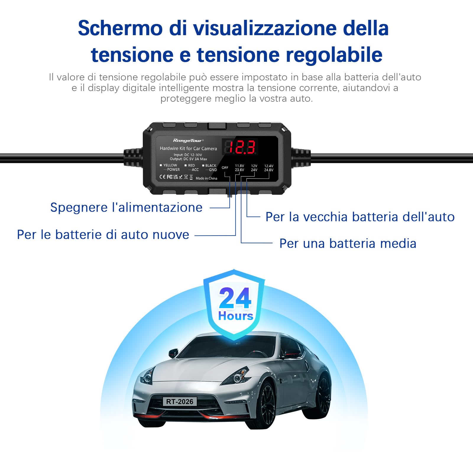 Kit Cablaggio USB-C con Schermo LED, 12V-32V a 5V 3A Auto Cavo di Ricarica Kit 4m 3-Core con Protezione Regolabile a Bassa Tensione, Dash Cam Hardwire Kit Monitoraggio Parcheggio 24 Ore