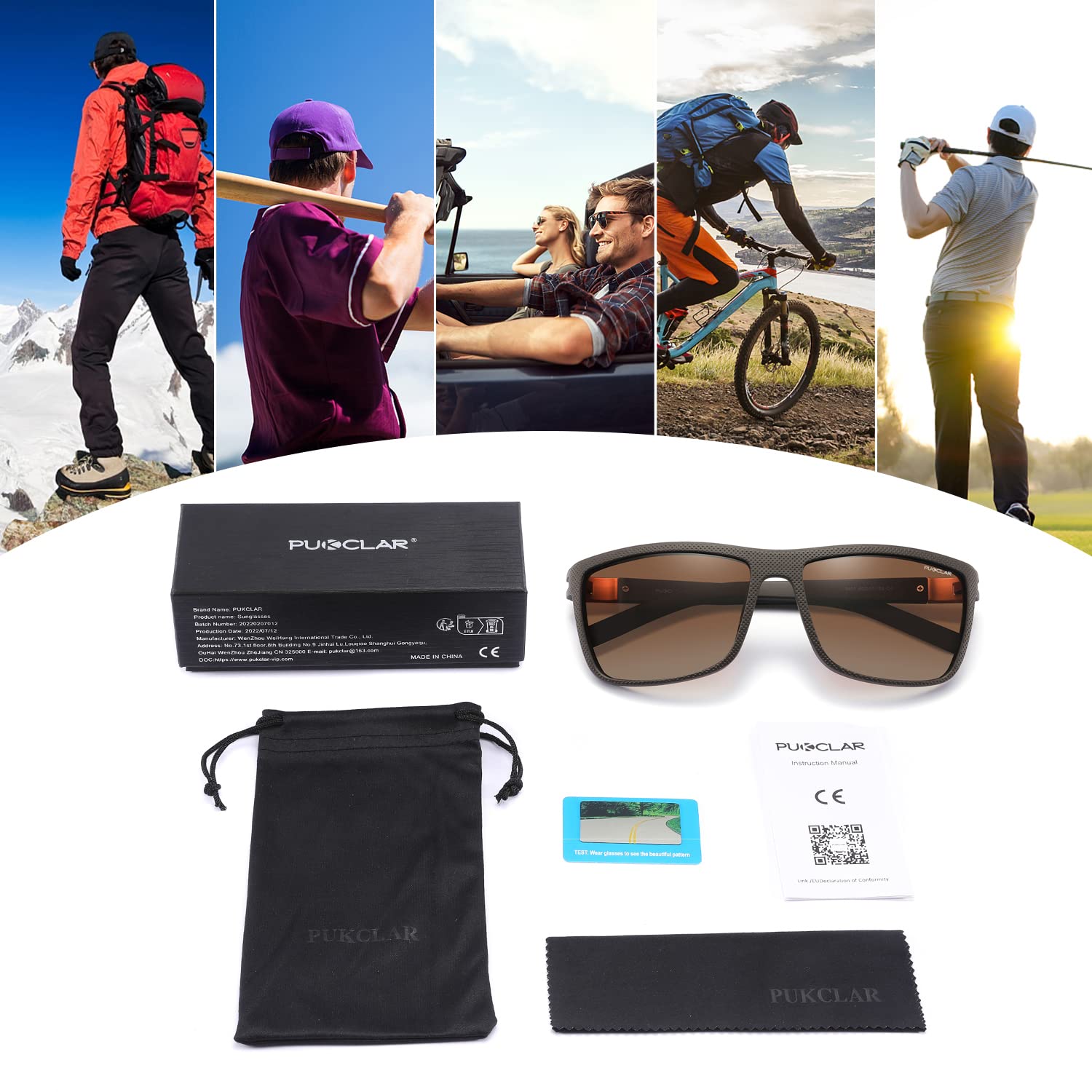 PUKCLAR - Occhiali da Sole da Uomo e Donna Polarizzati Sportive, Materiale Leggero, Conducente Occhiali da Sole, Corsa, Ciclismo, Golf UV400, CAT.3