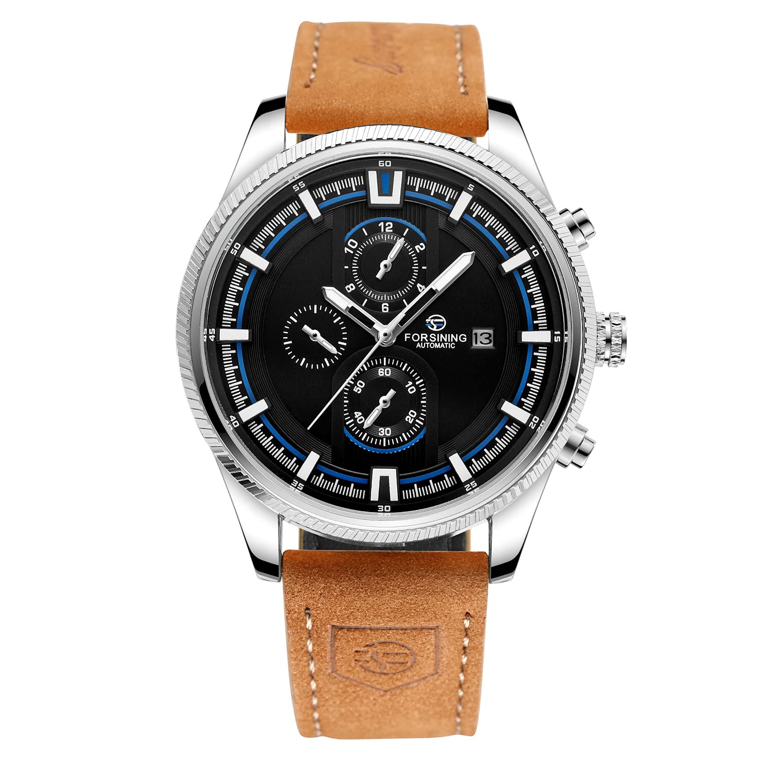 FORSINING Herren Automatik Tourbillon Wasserdicht Kalender mit braunem Lederband Armbanduhr