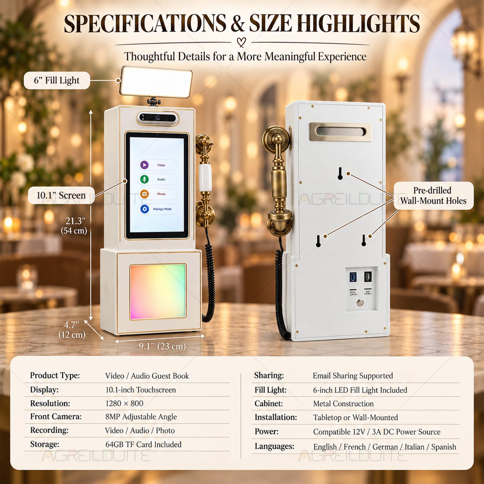 Téléphone Livre d'or Mariage, téléphone Vintage Livre d'or Audio et vidéo avec lumière LED & Interface multilingue, Pose sur Table ou Murale, Messages vidéo pour Location d'événements