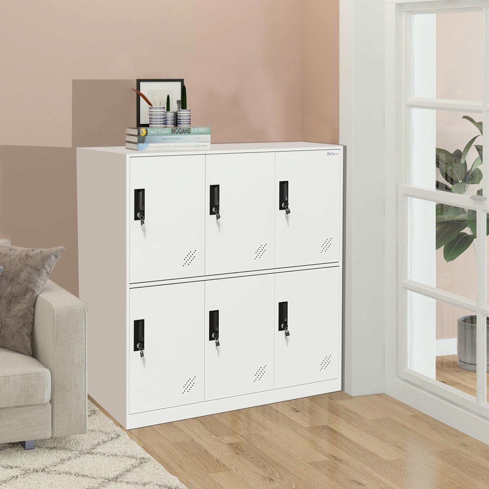 MECOLOR Taquilla de Almacenamiento para empleados, taquillas de Metal para Oficina, taquillas de Gimnasio, taquillas de Acero con Cerradura para el hogar... (6D, Blanco Completo)