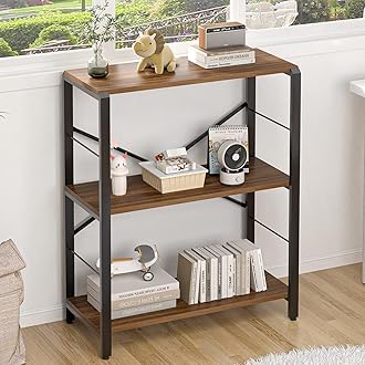 FOLUBANSmall Bookshelf, 3 Tier Rustic Book Shelf with Storage, Industrial Low Short Bookcases for Office, Bedroom and Living Room, Rustic Walnut