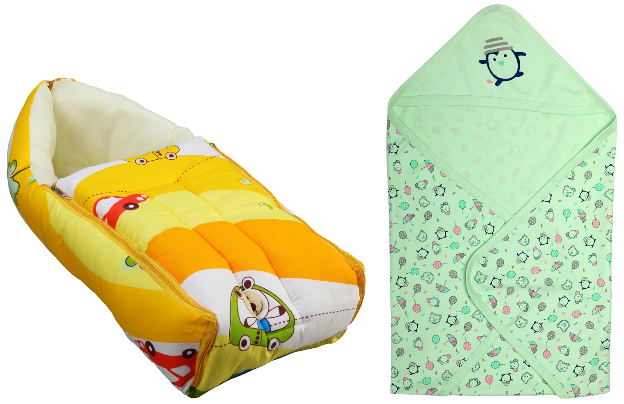 LuvLapLuvLap 3 in 1 Baby Bed, Sleeping Bag & Carry Nest, 0M+ (Cars Print, Multicolour) & Cotton Hooded Wrapper - Baby Towel for New Born | Big Size 75cm x 75cm 0-12 Months