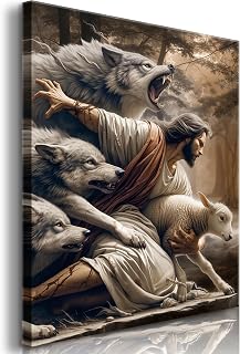 Jesus and Lamb Canvas Wall Art Jesus Saves The Lost Lamb Picture Wall Decor God Protect A sheep From Wolves Painting Print Christian Poster Artwork for Living Room Bedroom Church（12x16in Canvas）