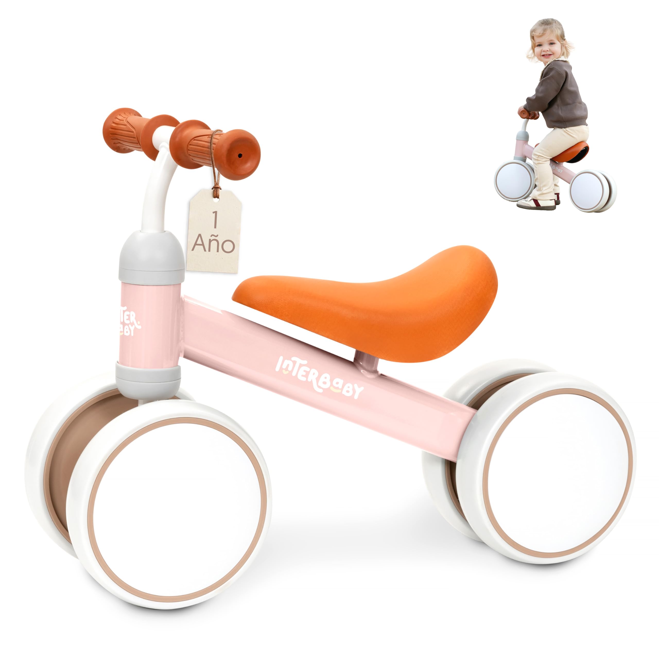 Interbaby Bicicleta sin Pedales Bebé 1 a 3 Años - Bicicleta de Equilibrio para Niños 12-36 Meses, Correpasillos Bebé Seguro 4 Ruedas, Primera Bici Niño 1-2 Años, Regalo Bebé 1 Año (Rosa)