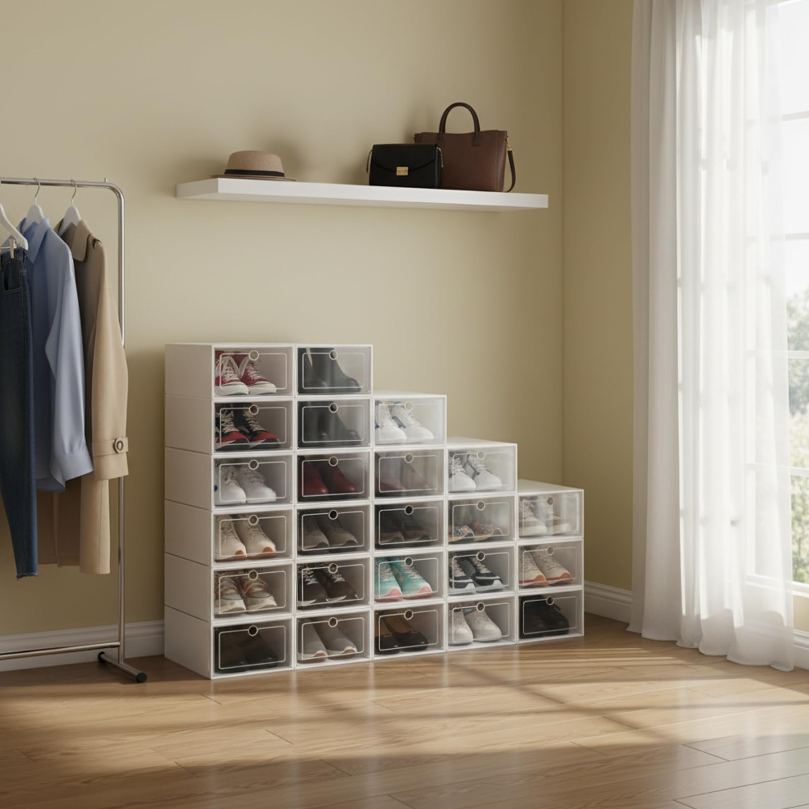 24 cajas de zapatos apilables transparentes con tapa, caja de plástico para zapatos, armario, salón, color blanco