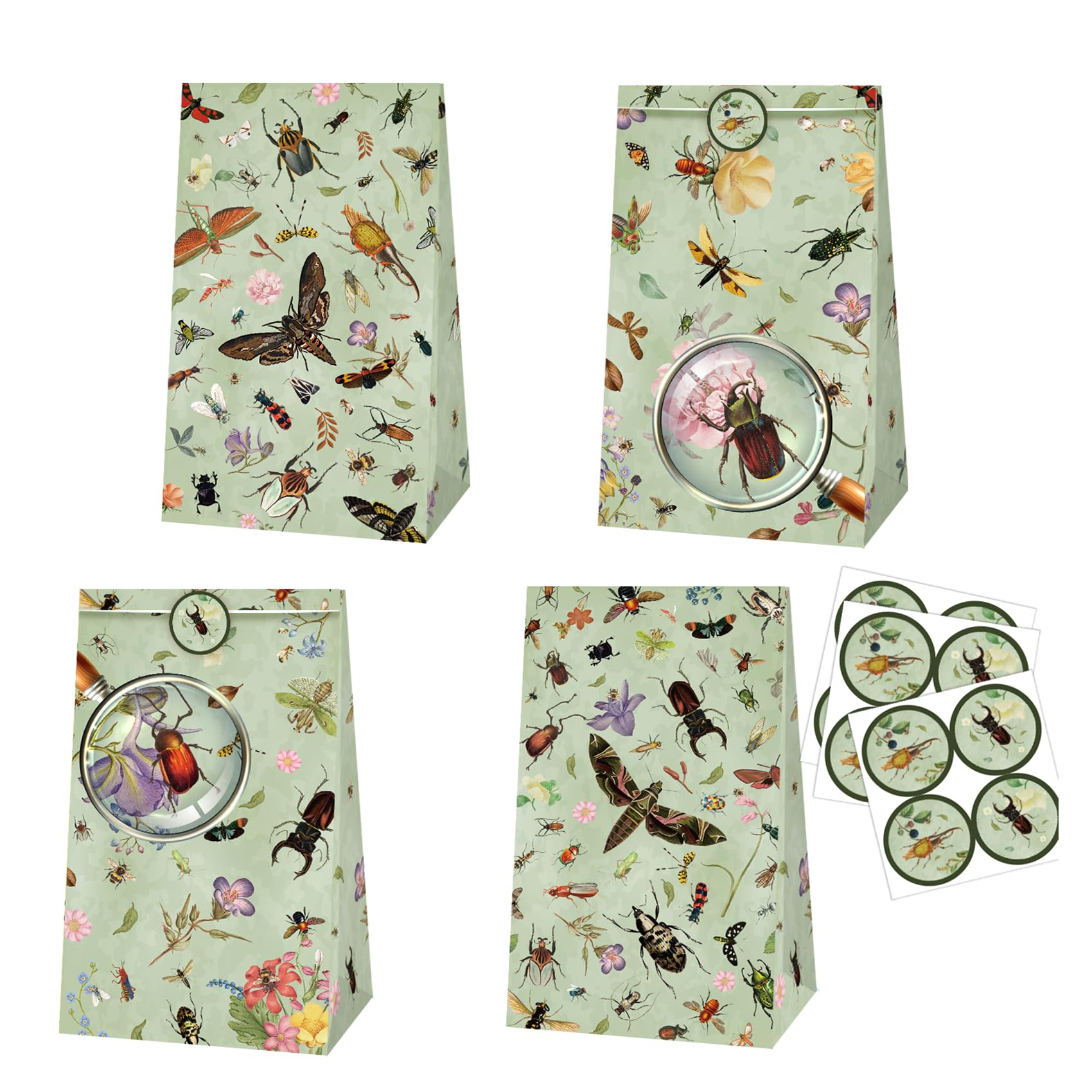 POMNUG 12 Pack Bug Party Bags Insect Gift Bags Candy Bags Goodie Bags Treat Bags for Bug Party Supplies with 12 Stickers