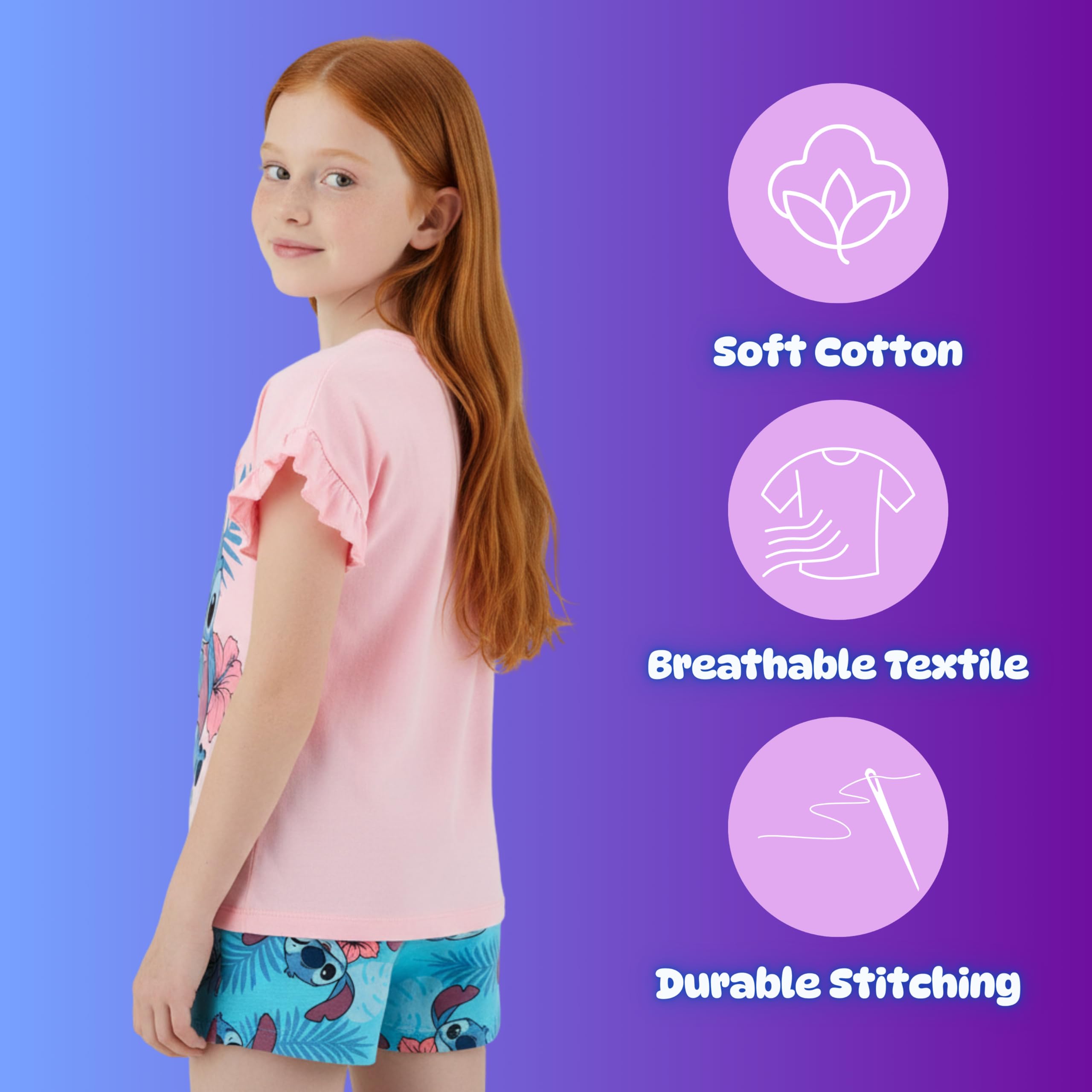 Disney Stitch Pyjama pour Fille, 'Hawaiian Dream' T-Shirt à Manches Courtes et Short en Coton, Tailles 3 à 8 Ans