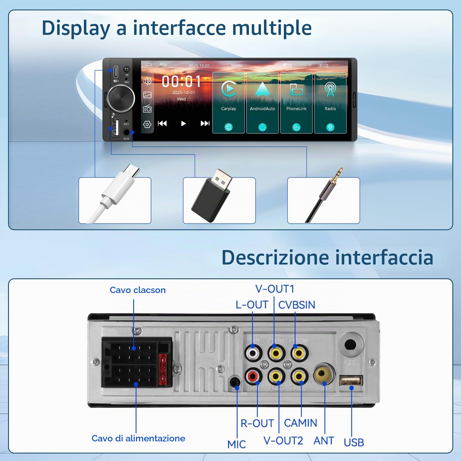 Autoradio 1 DIN con Carplay Wireless & Android Auto, Roinvou con Schermo 6.28" - Telecamera Retro, FM, Bluetooth, EQ, Vivavoce, Aux/USB/Type-C, Comandi al Volante, Mirror Link