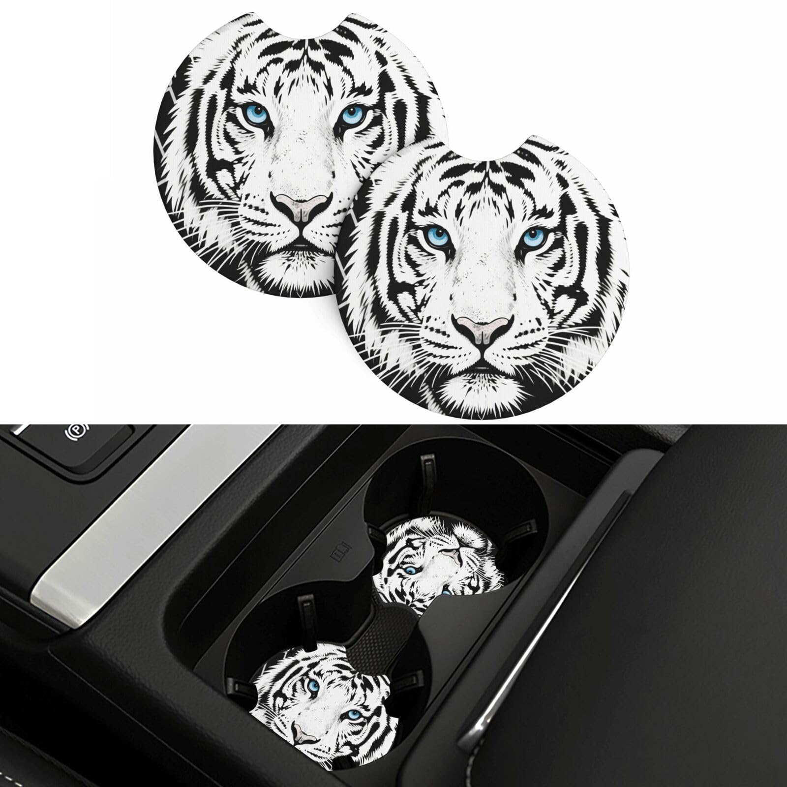 2 Pack Car Coasters,2.7" Universal Car Cup Holder Coasters Non-Slip Neoprene Cup Pad Mat Coaster Car Interior Accessories for Women Men Black White Tiger