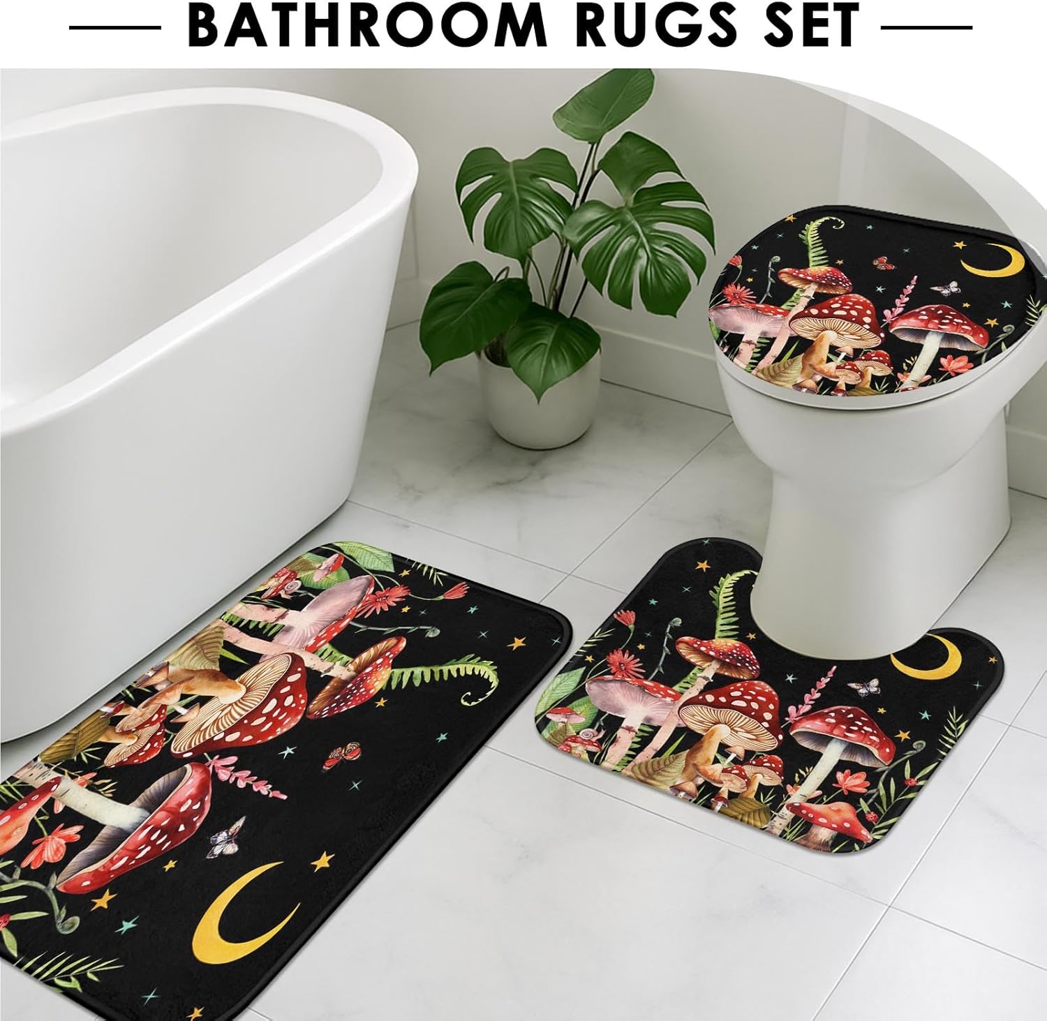 Arttown Mushroom Bathroom Set with Shower Curtain and Rugs Accessories, Black Floral Shower Curtains, Black and Red Bathroom Decor 4 Pcs