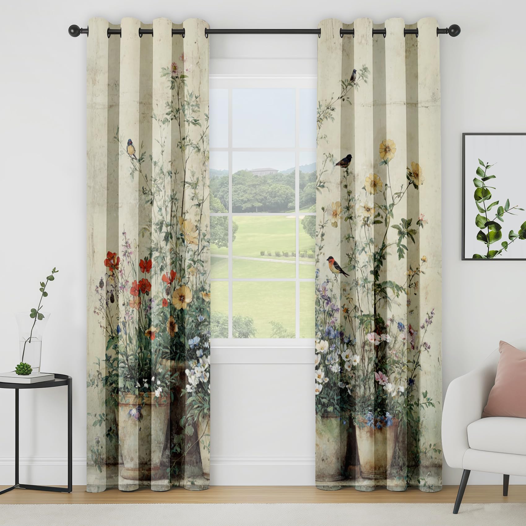 Générique Rideau Occultant Fleurs, Rideaux Thermiques à Oeillets pour Chambre, Motif Oiseaux Floral Botanique Rideaux Salon, Lot de 2 Décoration de Fenêtre, 140x200cm 5Bx5