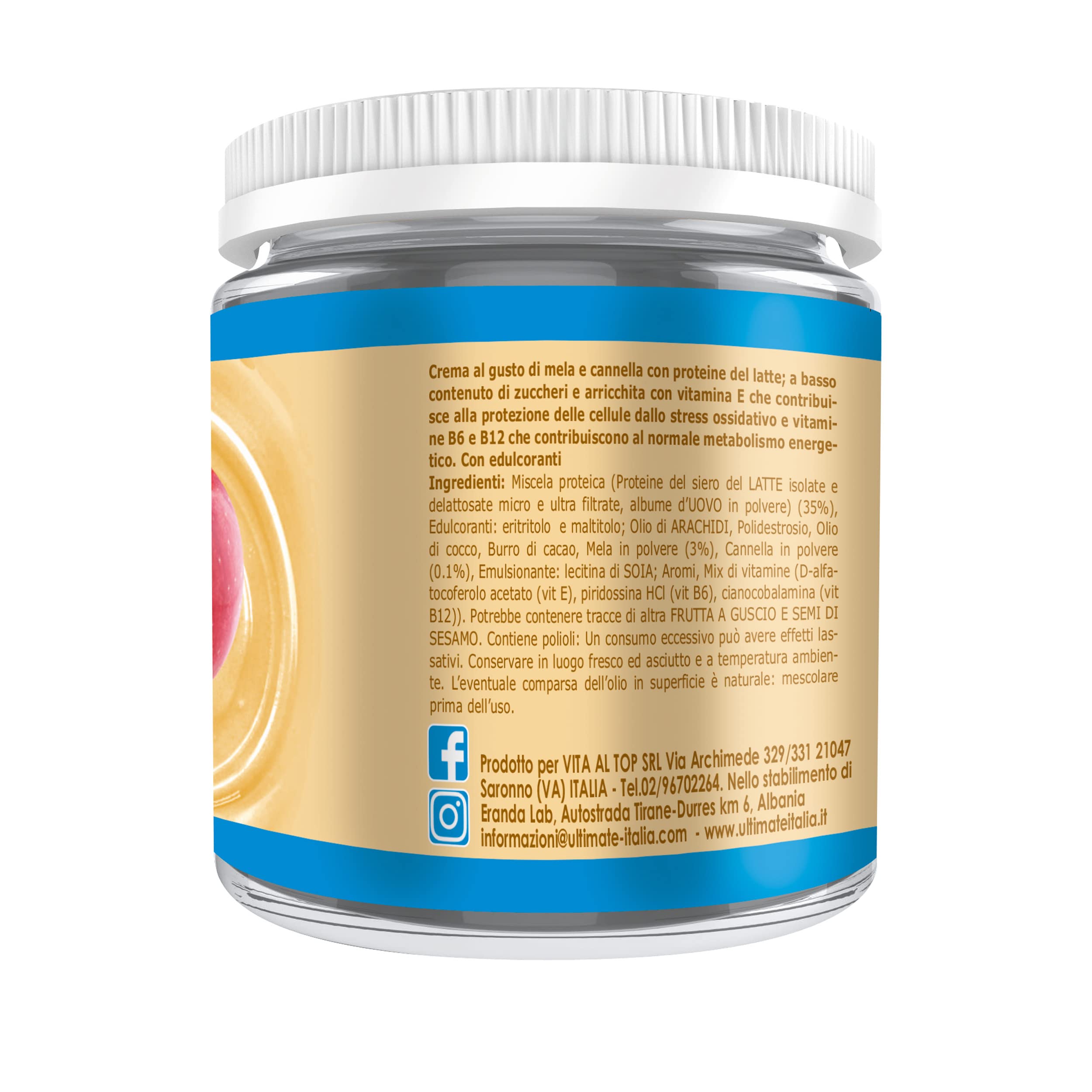 Ultimate Italia - Crema proteica al 30% spalmabile, senza zuccheri - 250g - gusto mela e cannella - poche calorie, senza glutine, con vitamine