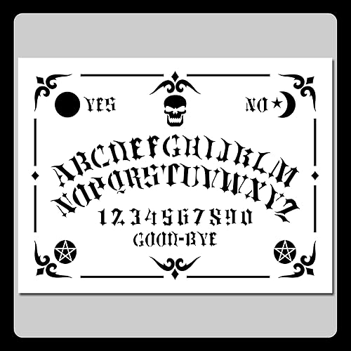 Plantilla decorativa Ouija Spirit Board de 9 x 12 pulgadas con calavera, pentagramas, luna y sol