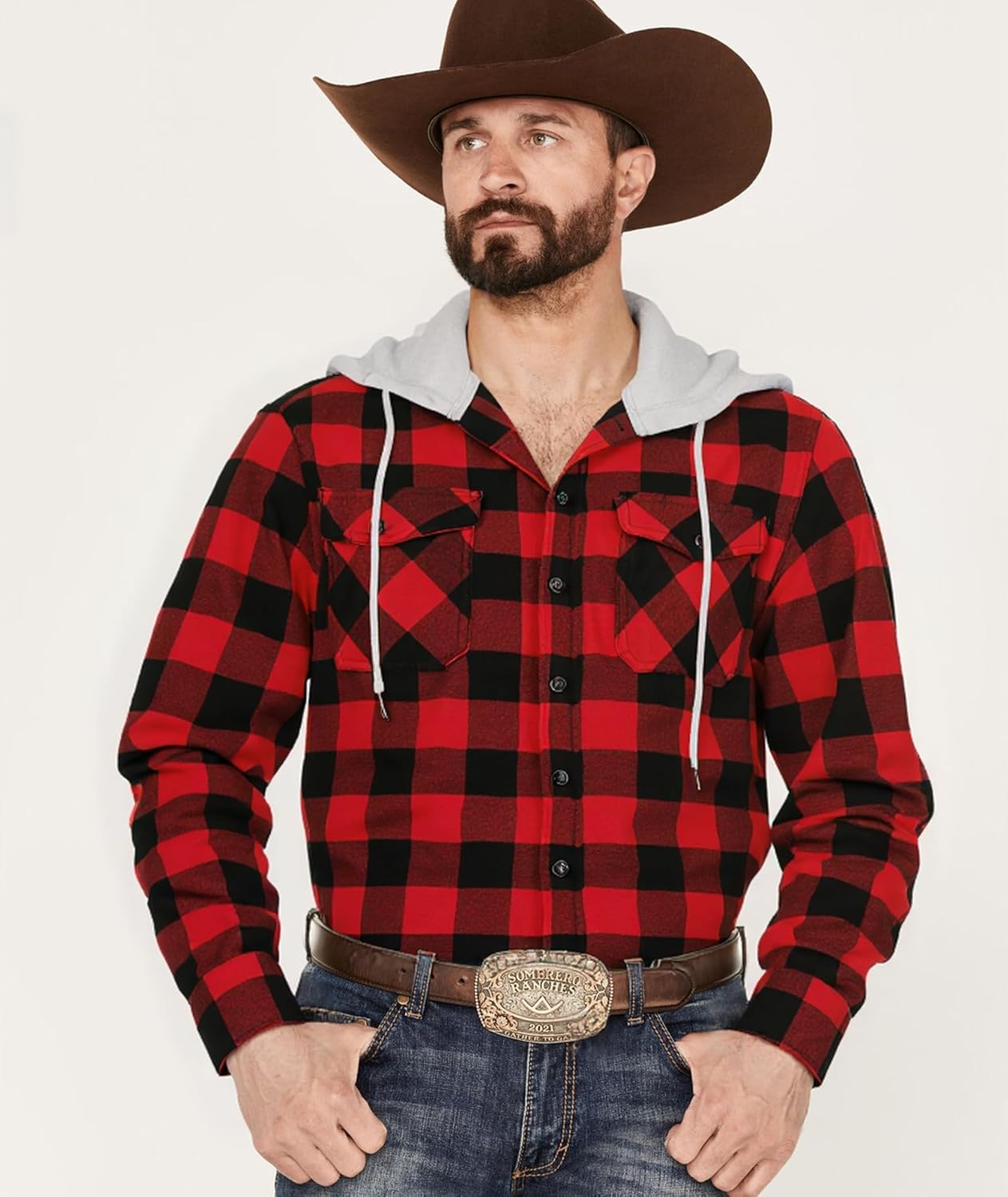 Men's Flannel Shirt Plaid Hoodie Stylish Long Sleeve Fall Casual Button Down Western Shirts with Flat Pocket - Image 2