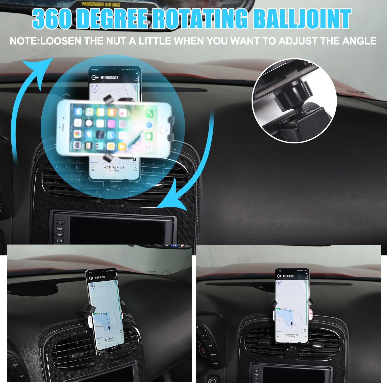 Soporte de teléfono para coche Corvette C6 2005-2013, consola central, rejilla de ventilación, giratorio, fijo, soporte de teléfono móvil para coche, compatible con iPhone, Android, smartphones