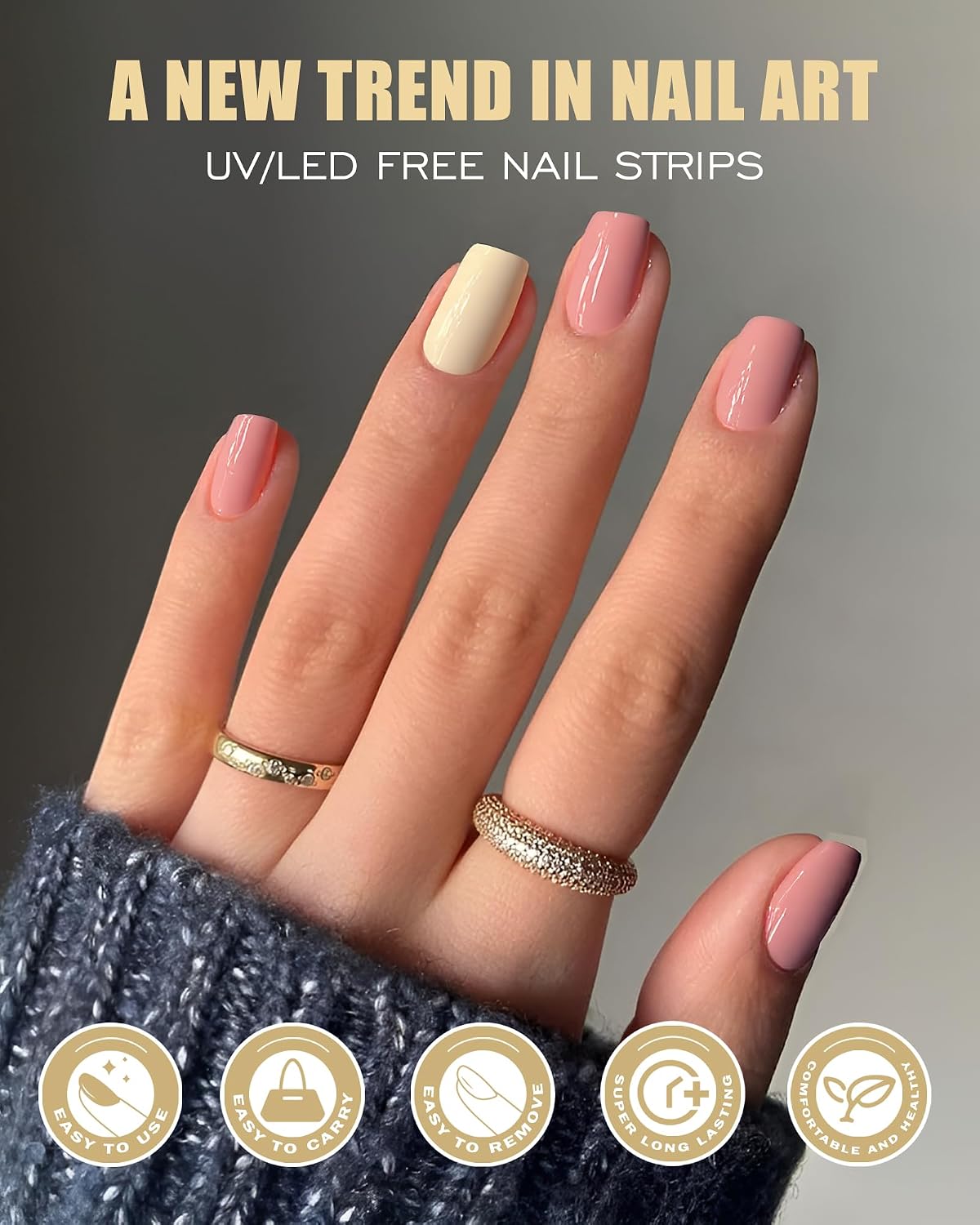 Semi Cured Gel Nail Strips 22 Wraps, UV/LED Free, Bean Paste Star Sand, Salon-Quality, Long Lasting, Easy to Apply & Remove, Includes 2 Prep Pads, Nail File & Wooden Stick