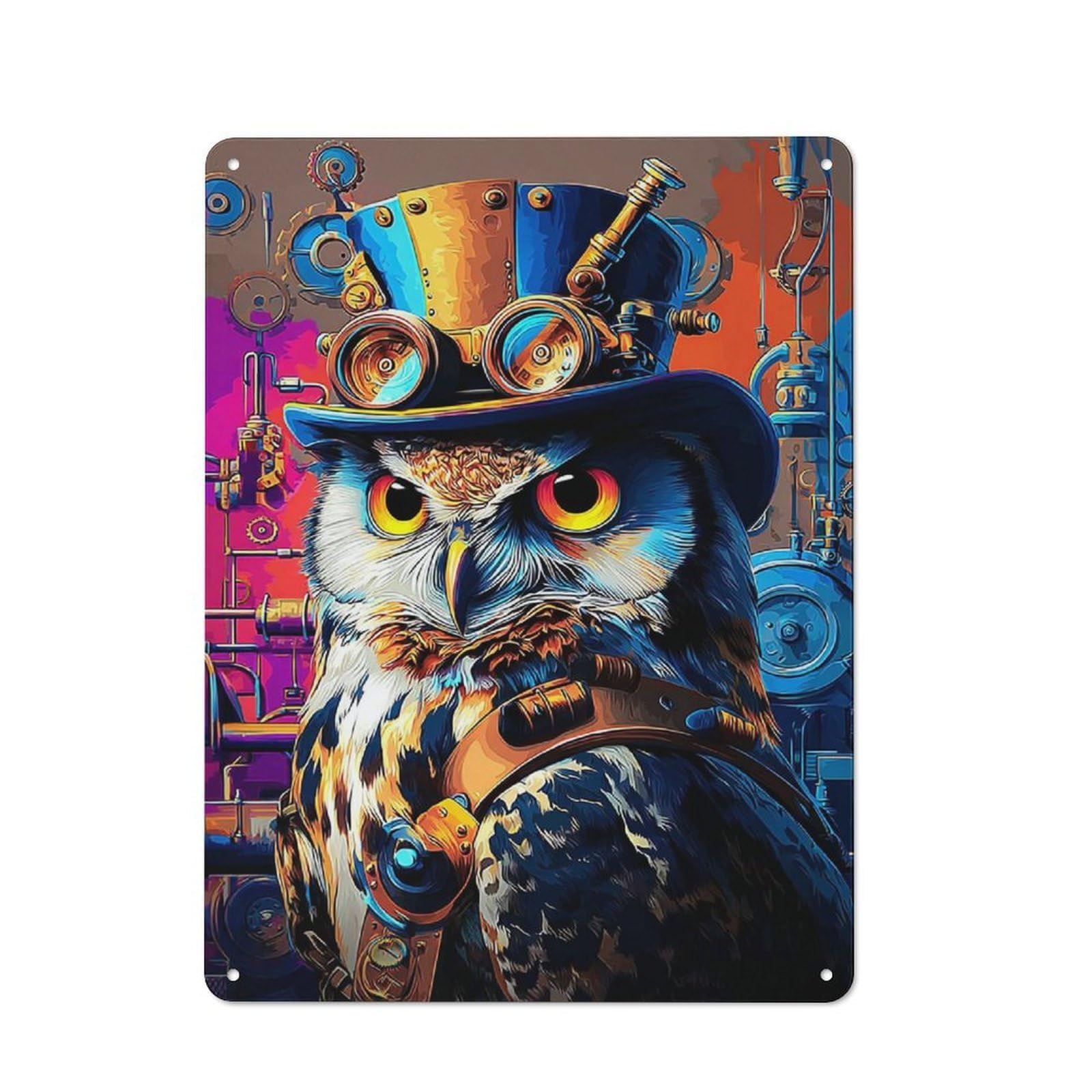 Junmoney Steampunk Owl Artwork-1 For Garden Room Or Summerhouse, Rustic Tin Sign 40X30cm, Wall Decor For Garden Rooms And Summerhouses