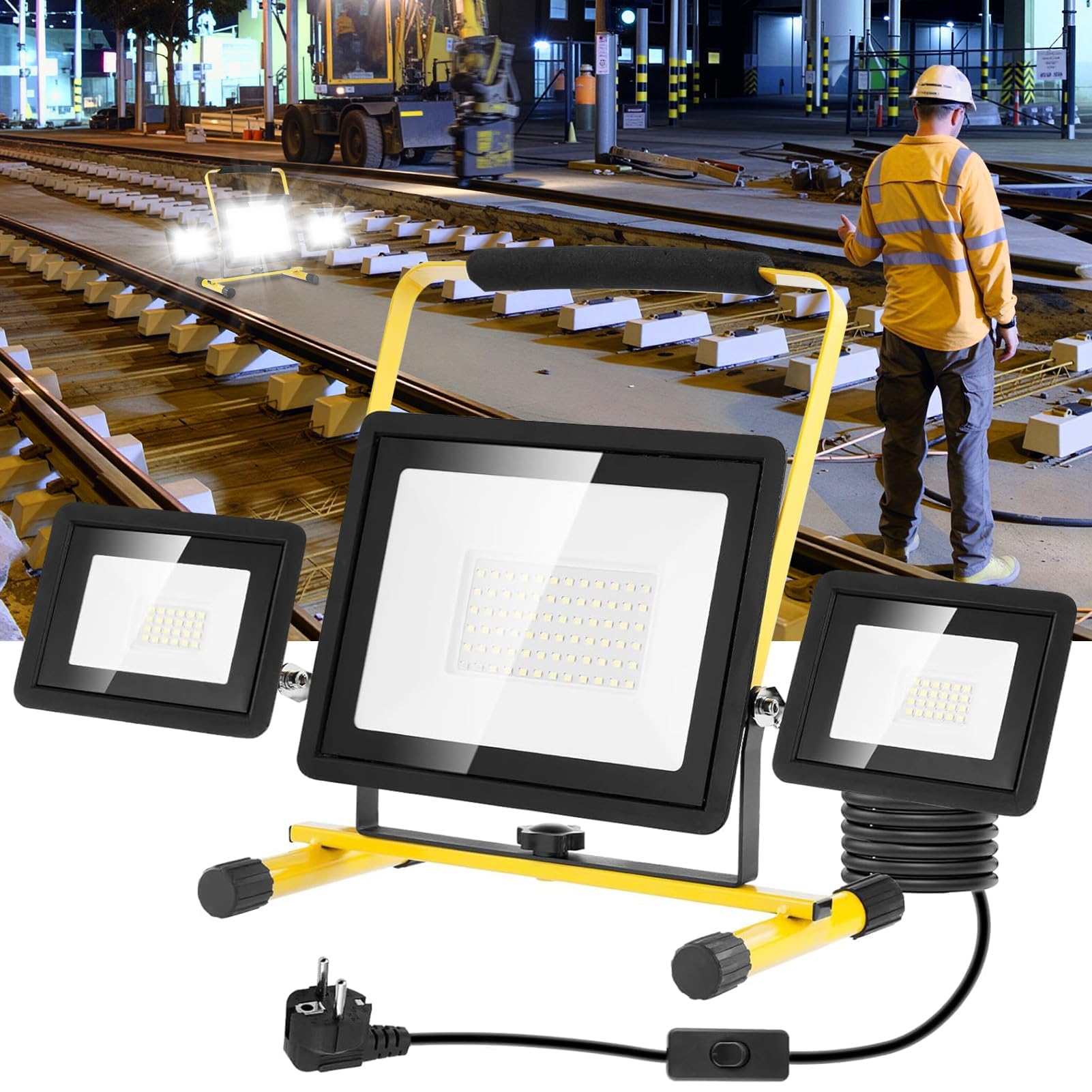 Viugreum Projecteur Led Chantier 100w 8000LM Luminaire Exterieur à Trois Têtes Avec Prise Câble de 3M Étanchéité IP65 Blanc Froid 6500K Portable Lampe Chantier pour Atelier Garage Construction