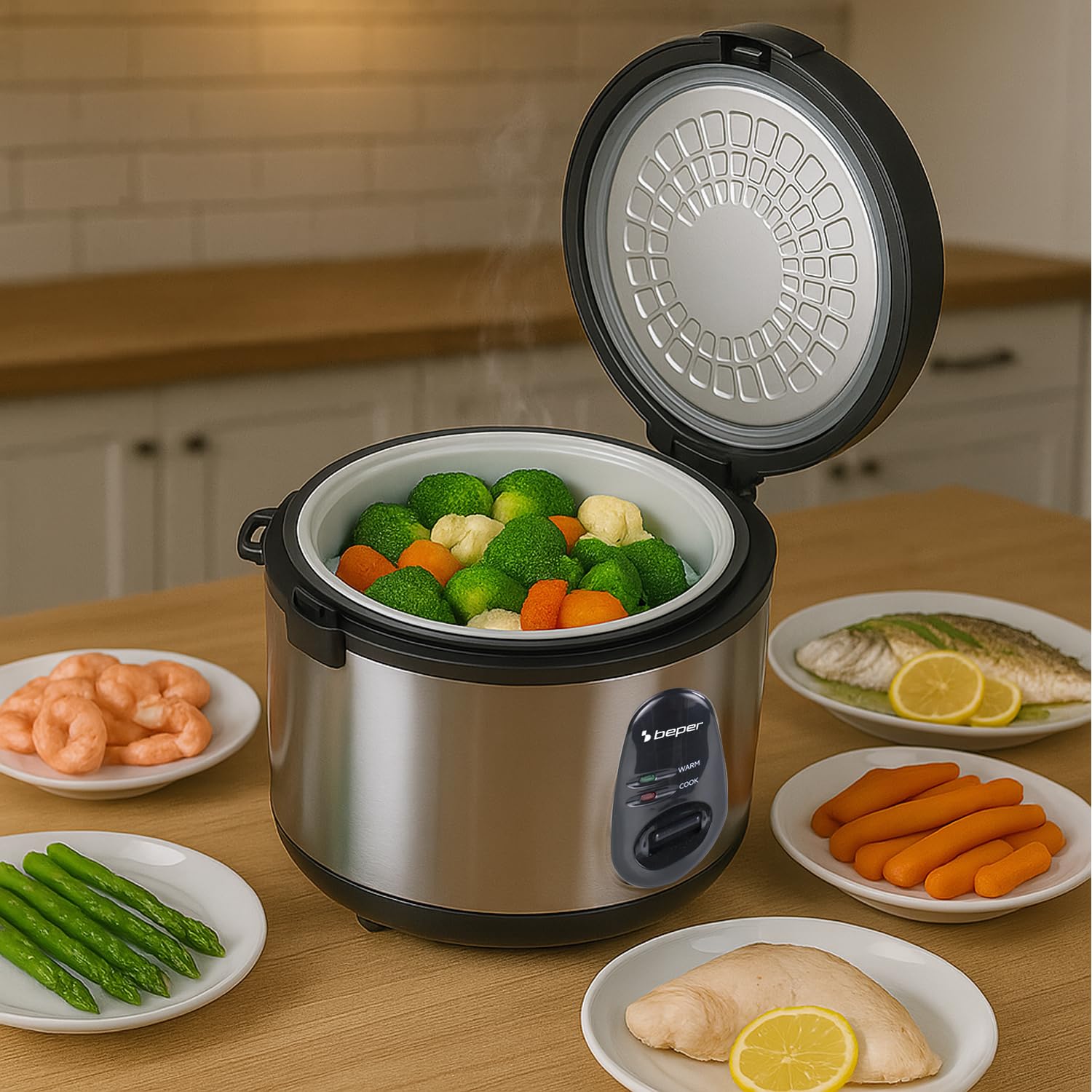 BEPER P101VAP020 Vaporé Max Cuociriso 1800g, Antiaderente, Funzione Mantieni Caldo, Cottura a Vapore, Acciaio Inox, Accessori Inclusi, BPA Free