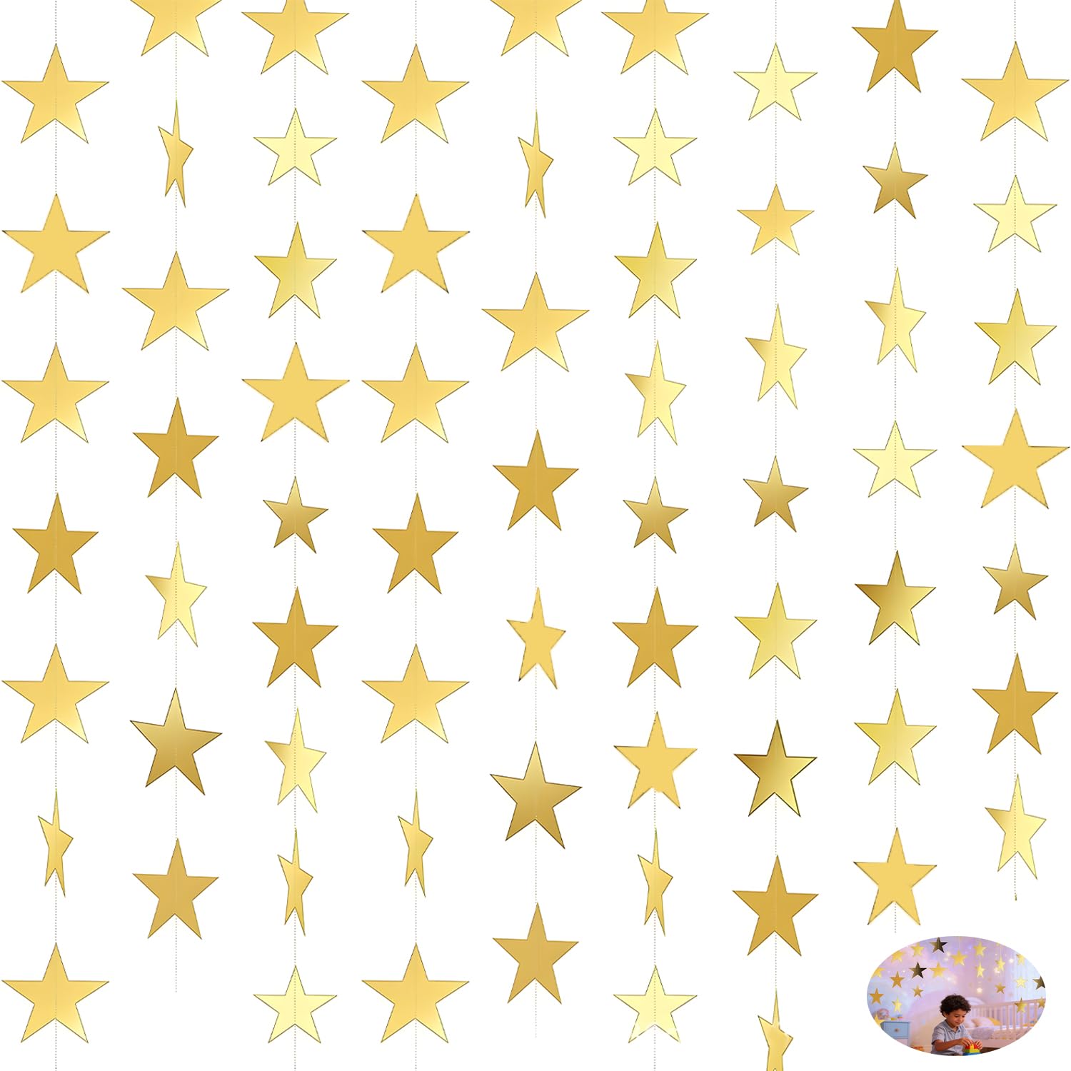 4 PCS 52 Feet Reflective Star Paper Garland, Garland Streamer Kit Reflective Star Paper Hanging Decoration Sparkling Stars Bunting Banner For Birthday Holiday Wedding Anniversary Party Banner Backdrop