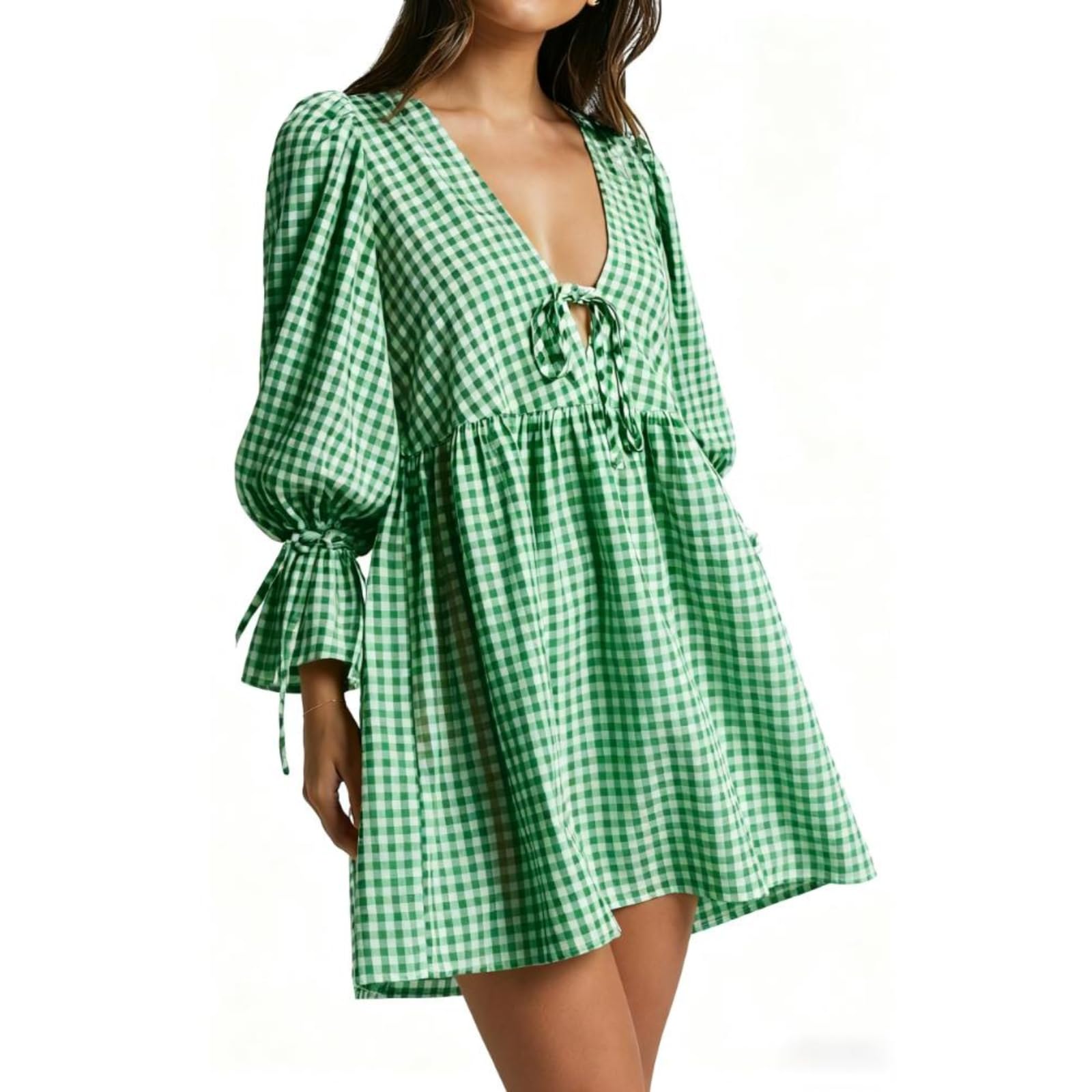 Feclmiyt Women's Gingham Puff Sleeve Mini Dress V Neck Tie Front Plaid Loose Dress Summer Flowy Babydoll Dresses Streetwear (A-Green, L)