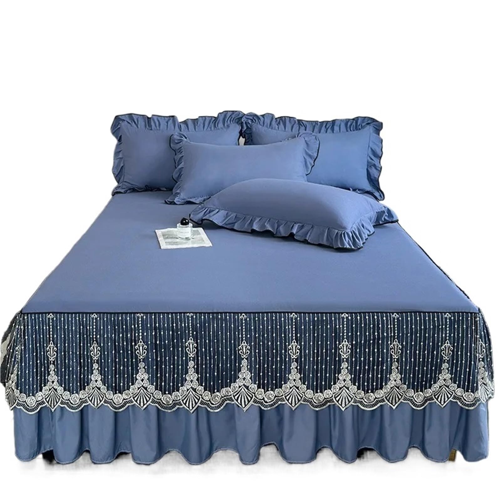 3 Pcs Lace Knit Bed Skirt Solid Color Queen King Bedspread On The Ruffle Home With Pillowcases(A,3 pcs 180x200cm)