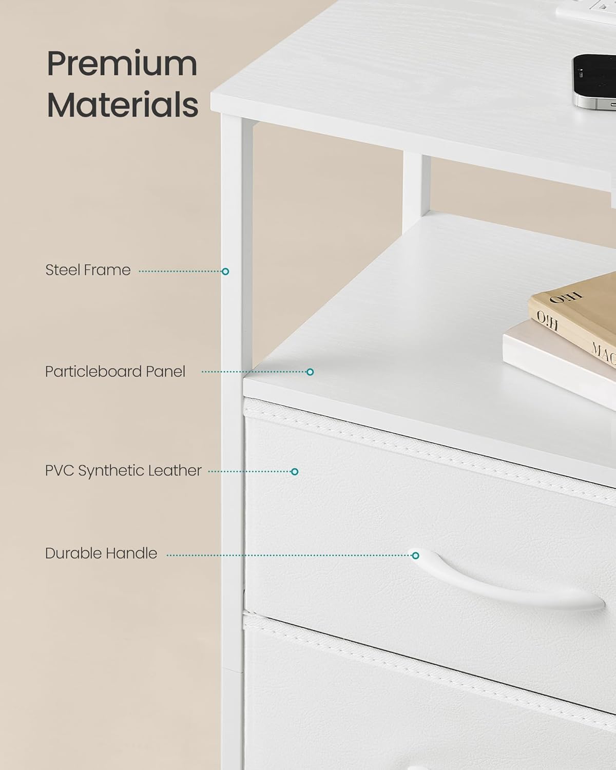 SONGMICS BELLAH Collection - Nightstand with Charging Station and App-Controlled Adjustable LED Lights, Bed Side Table, 2 Drawer and 1 Open Shelf, Bedroom, Cloud White and Snow White ULGS302WH01S - Image 6