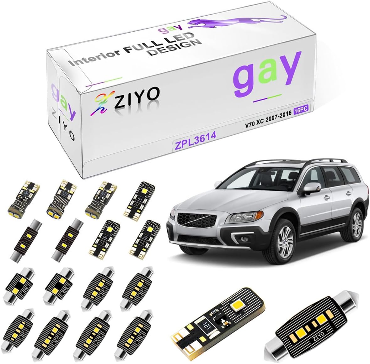 ZIYO LED Interior Light Kit for Volvo XC70 V70 2008-2016 Dome Light Bulbs Replacement Package, 6000K Xenon White LED Lights Accessories Upgrade Error Free (16 Bulbs)