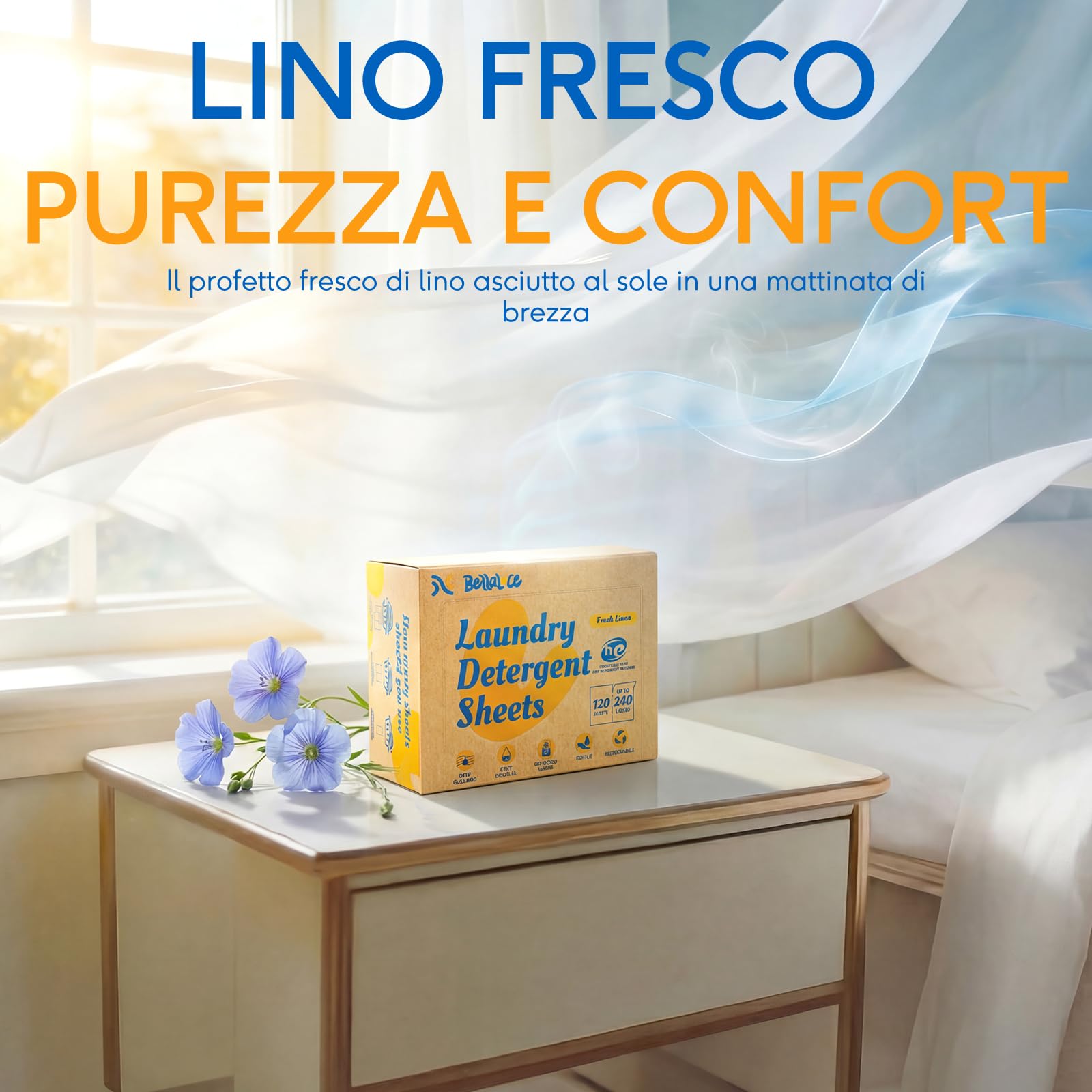 BellaLuce Detersivo in Fogli per Lavatrice – 240 Lavaggi, Detersivo Lavatrice Fogli Ecologico Senza Plastica, Ipoallergenico per Casa e Famiglia, Profumo Fresco di Lino