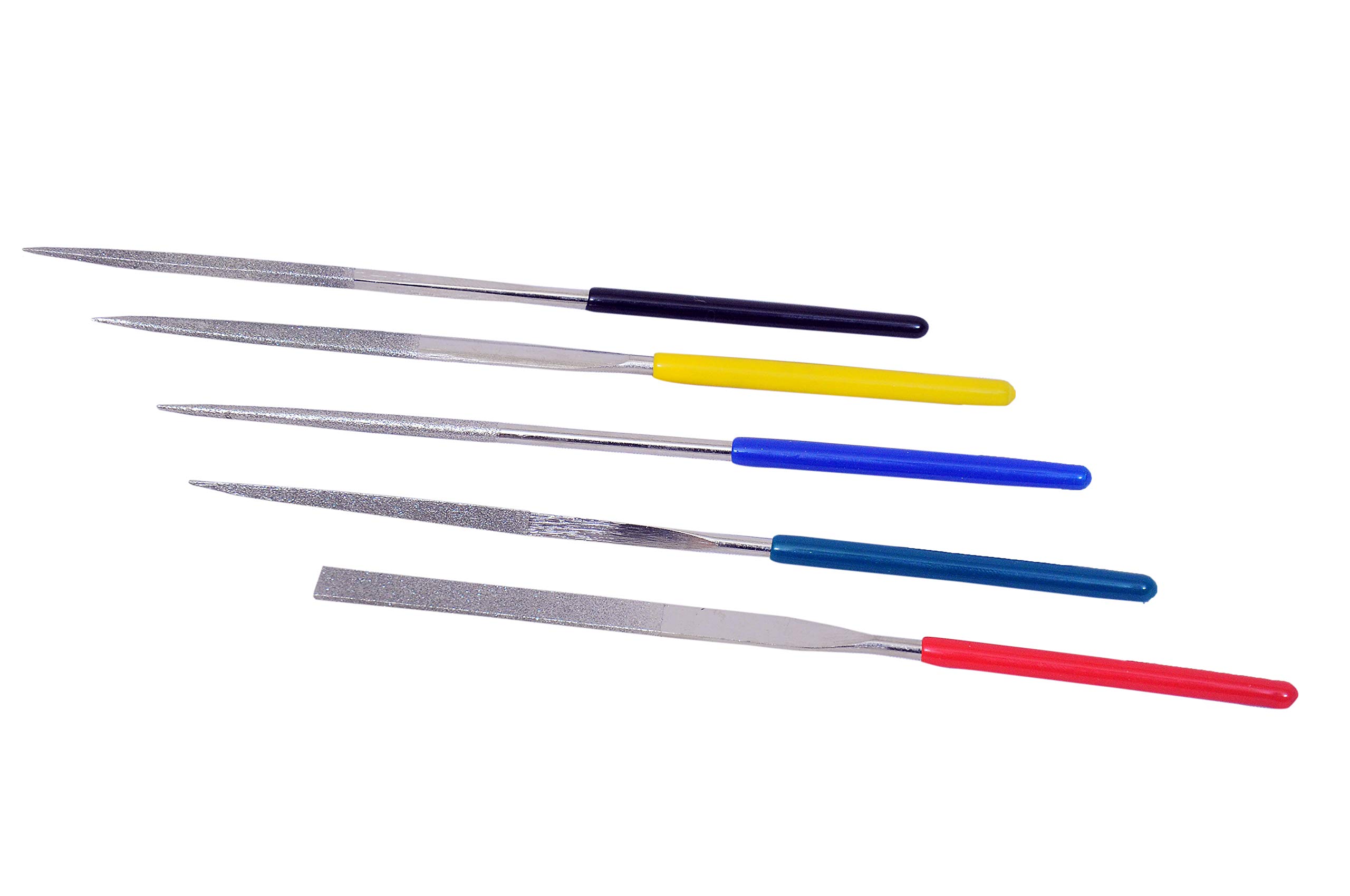 Jon Bhandari Tools 5pcs Diamond Coated Precision Needle File Set (3x140mm) | Flat, Round, Triangular, Half Round & Square Files for Metal, Glass, Ceramic, Jewellery & Craft Work