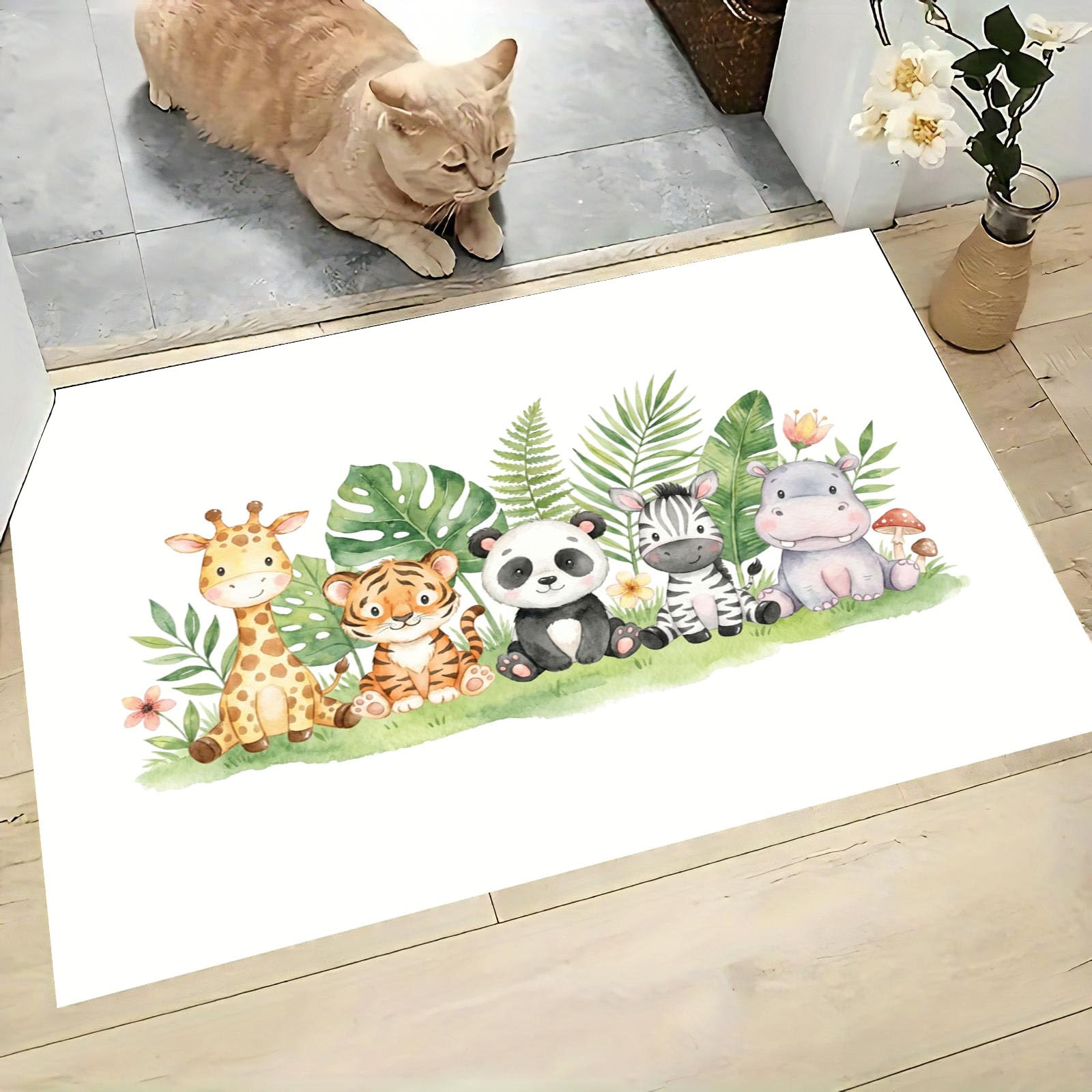 Paillasson extérieur antidérapant vert lavable 60 x 90 cm avec imprimé animaux de la forêt