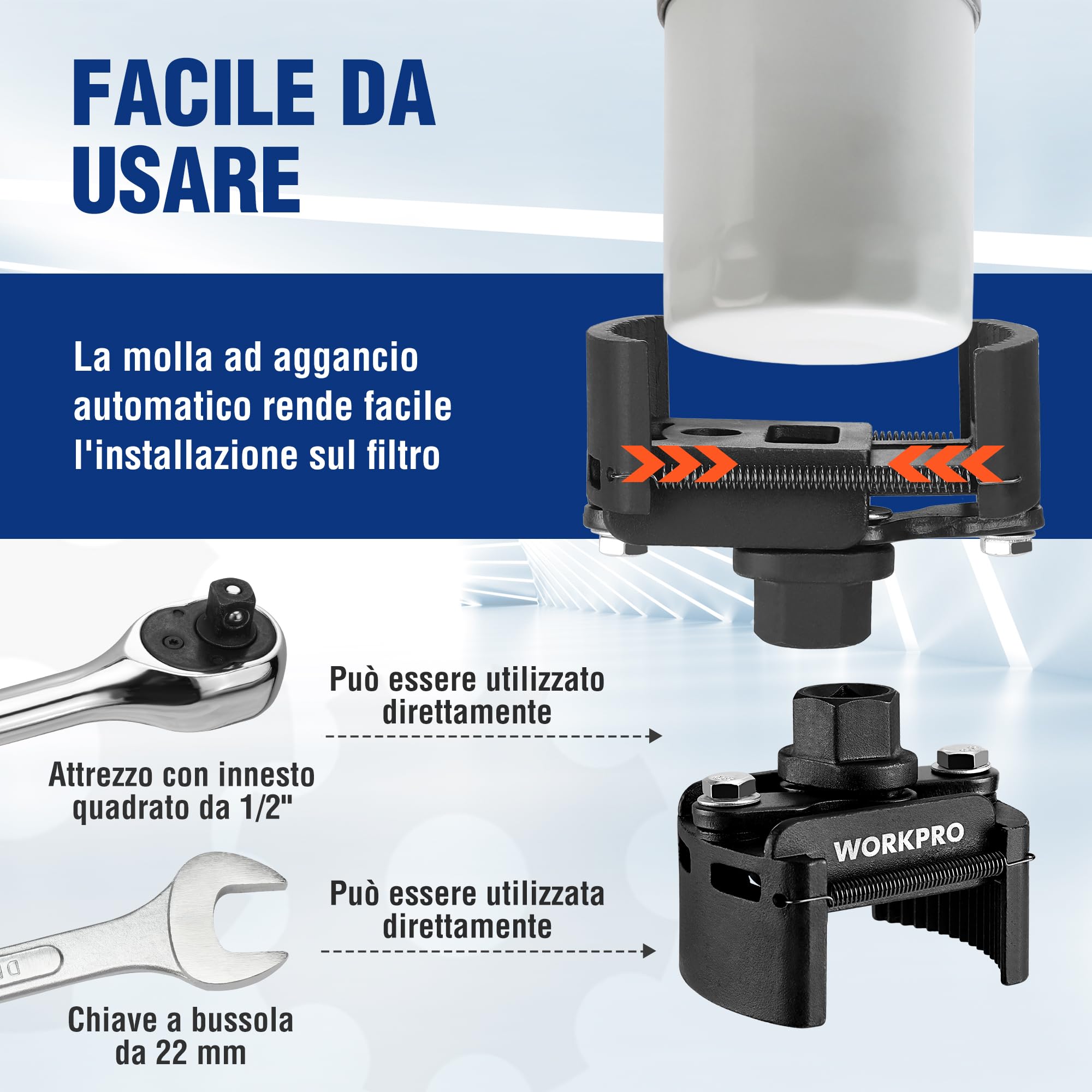 WORKPRO Chiave Regolabile per Filtri dell'Olio con Bloccaggio Automatico a Molla, Set per la Sostituzione dei Filtri dell'Olio, Ideale per Filtri Motore, Condotti e Raccordi